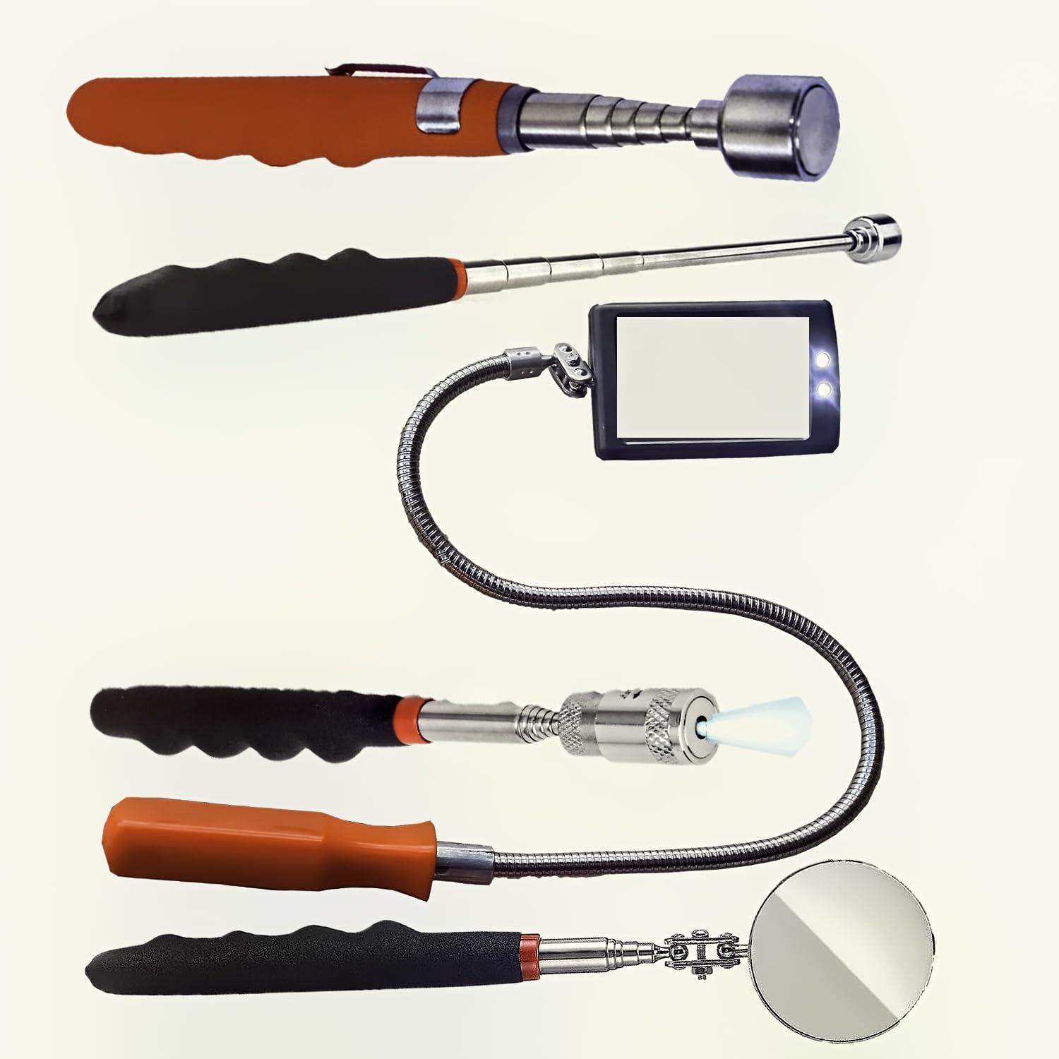 Kit Miroir D'inspection Flexible Avec Lumière LED Et Tiges Magnétiques - 5 Pièces - Pour Bricolage, Mécanique