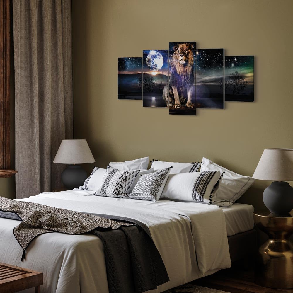 B&D XXL - Leinwandbild Abstrakt Löwe Landschaft, 225x112 cm, 5-teilig | Hochwertige Leinwand, sofort aufhängbar, ideal fürs Wohn- oder Schlafzimmer, wasserfest und lichtecht, langlebig, stilvoll