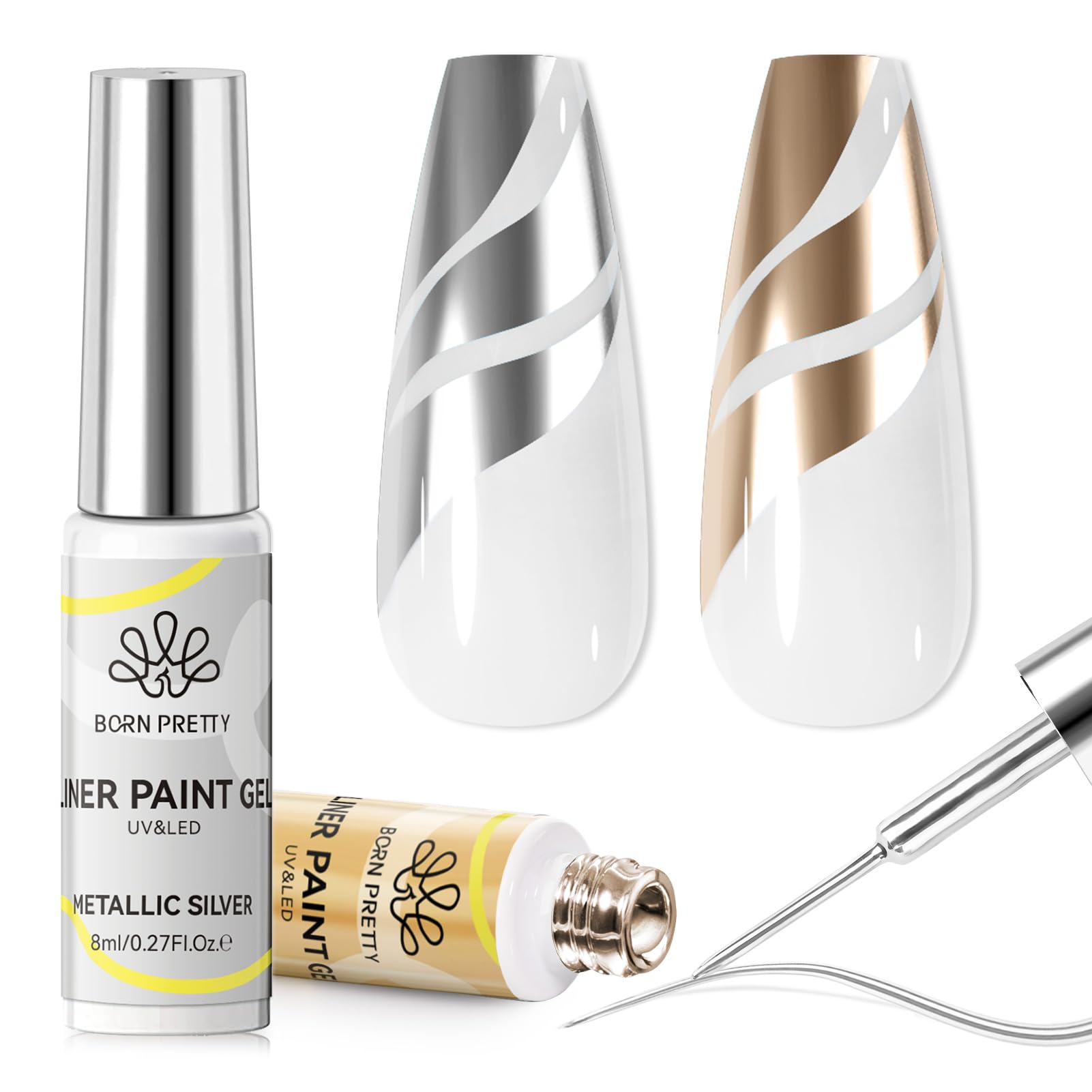 Born Pretty Zestaw żelowych lakierów do paznokci - Mirror Chrome Silver Gold Gel Liner Nail Art Metaliczny efekt lustrzany Swirl Nail Art Gel Polish zestaw do manicure do salonu DIY