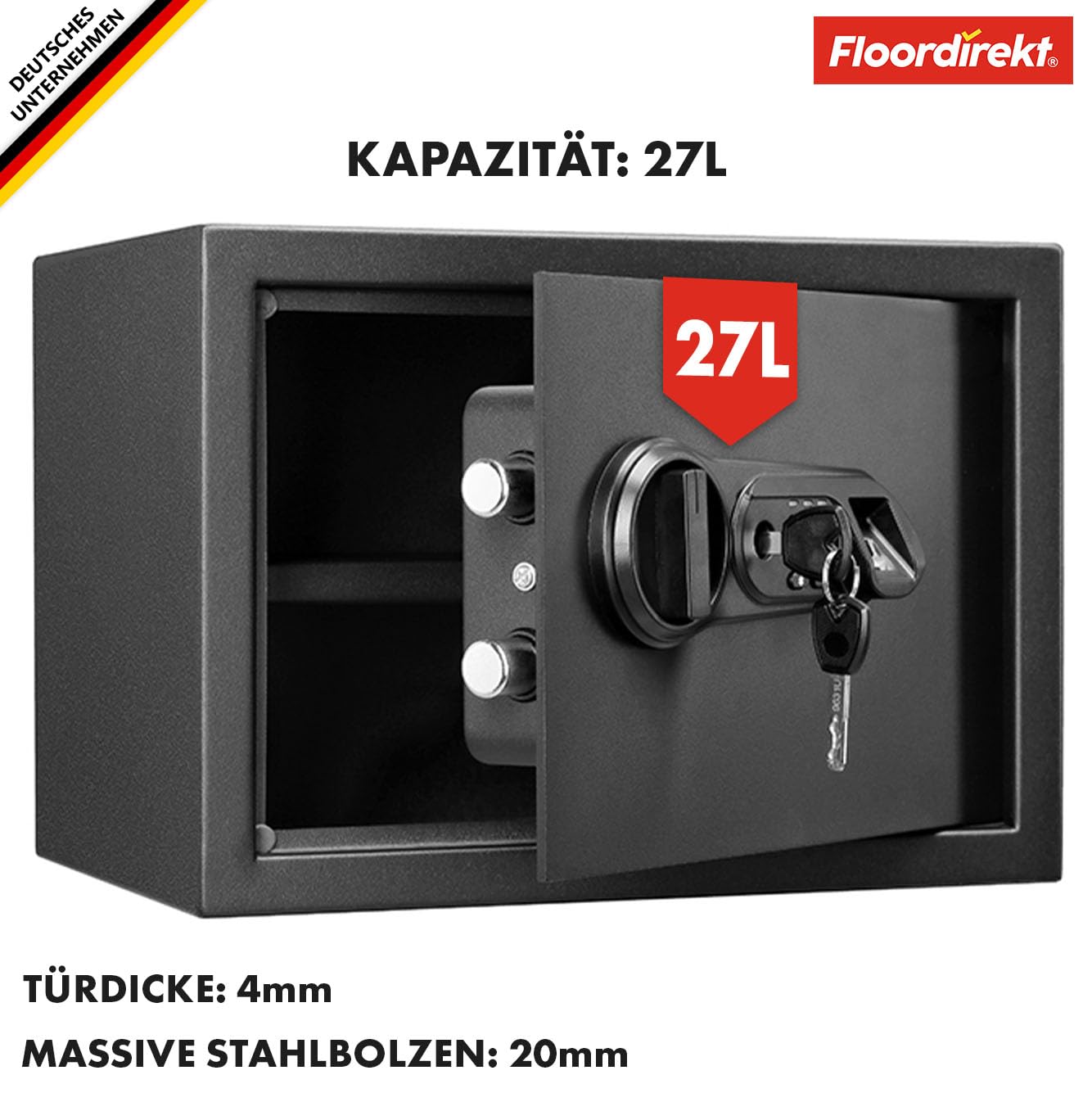Floordirekt Tresor Catoca 30 x 38 x 30 cm Möbeltresor Safe mit Fingerabdruck Sensor - elektronisches Zahlenschloss, Kombinationsschloss - Wandtresor für Zuhause mit Verriegelungsbolzen