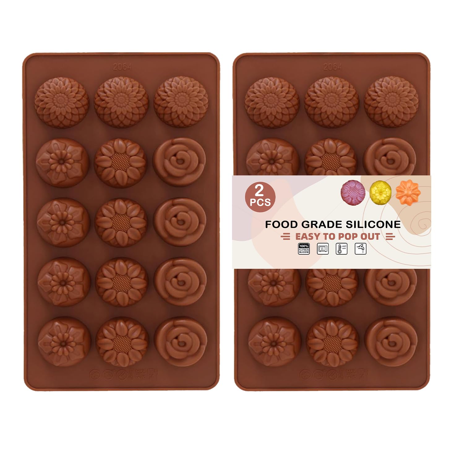 2PCS: Flower Shape Chocolate Candy Molds (bite Size)– 30 Cavity Non-Stick and Bpa Free for Chocolates, Candies, Bath Bombs, Ice Cubes & DIY Crafts (Food Grade).by ENBRWAS