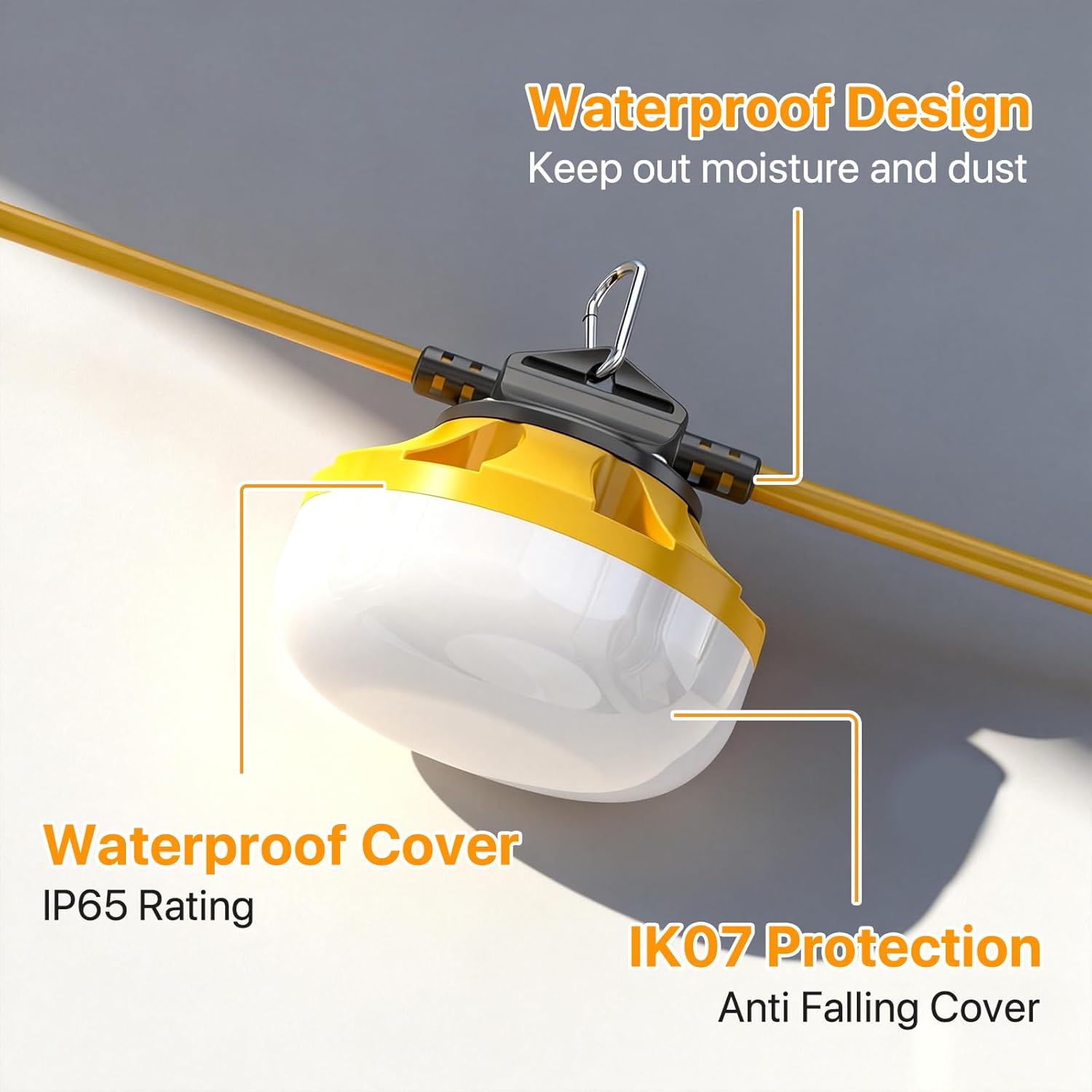 LED Construction String Lights: 50FT IP65 Waterproof ETL Certified Crawl Space Lights - 5000lm 18AWG Wire Linkable Temporary Construction Lighting for attic Lights with 5 Bulbs & Hooks