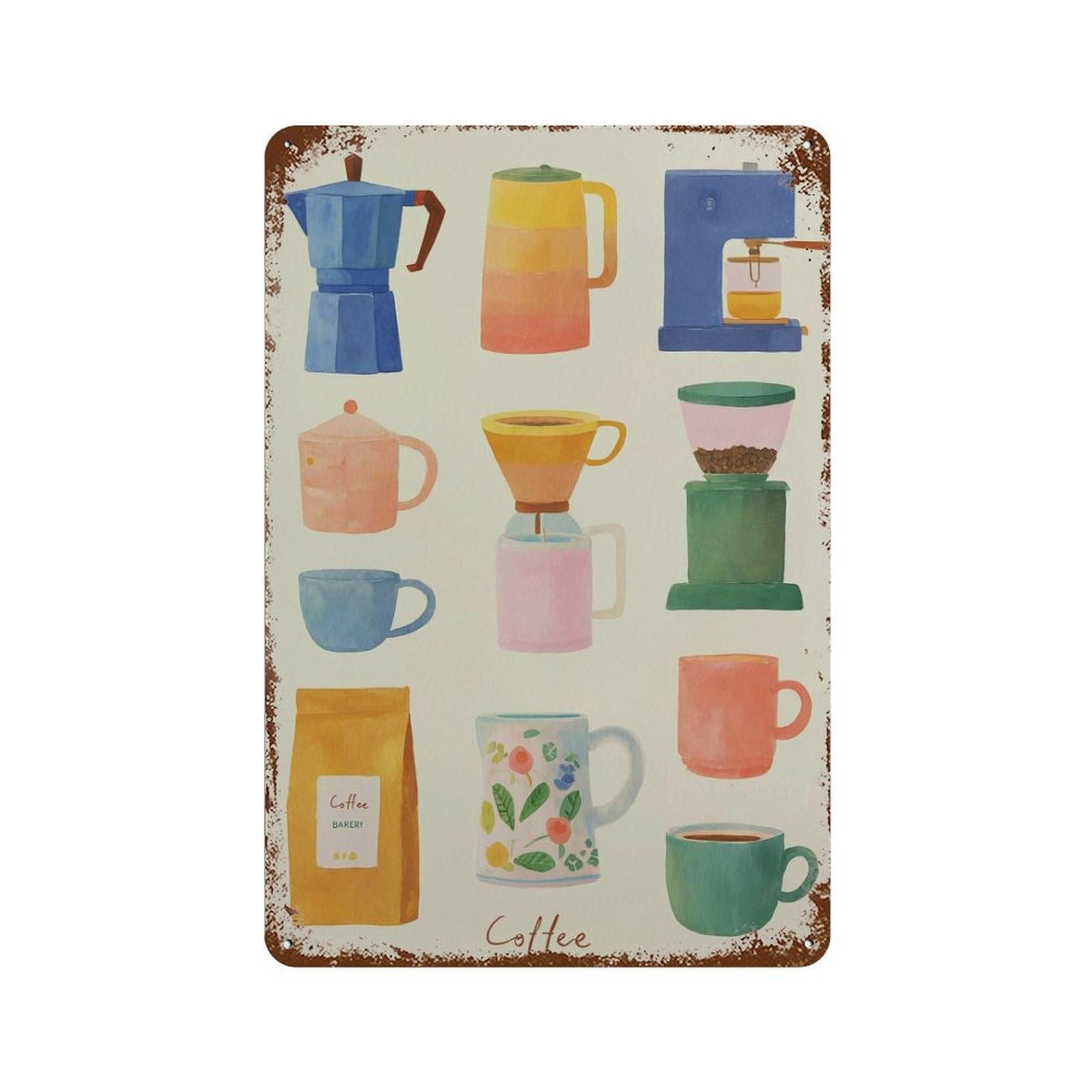 xiaoxiaoshen Colorful Coffee Modern Kitchen Barista Maker Cute Cafe Watercolor Style Wall Decor Art Metal Tin Poster Modern Home Decor Art Home Bar Shop Decorations Vintage Sign 30x20cm