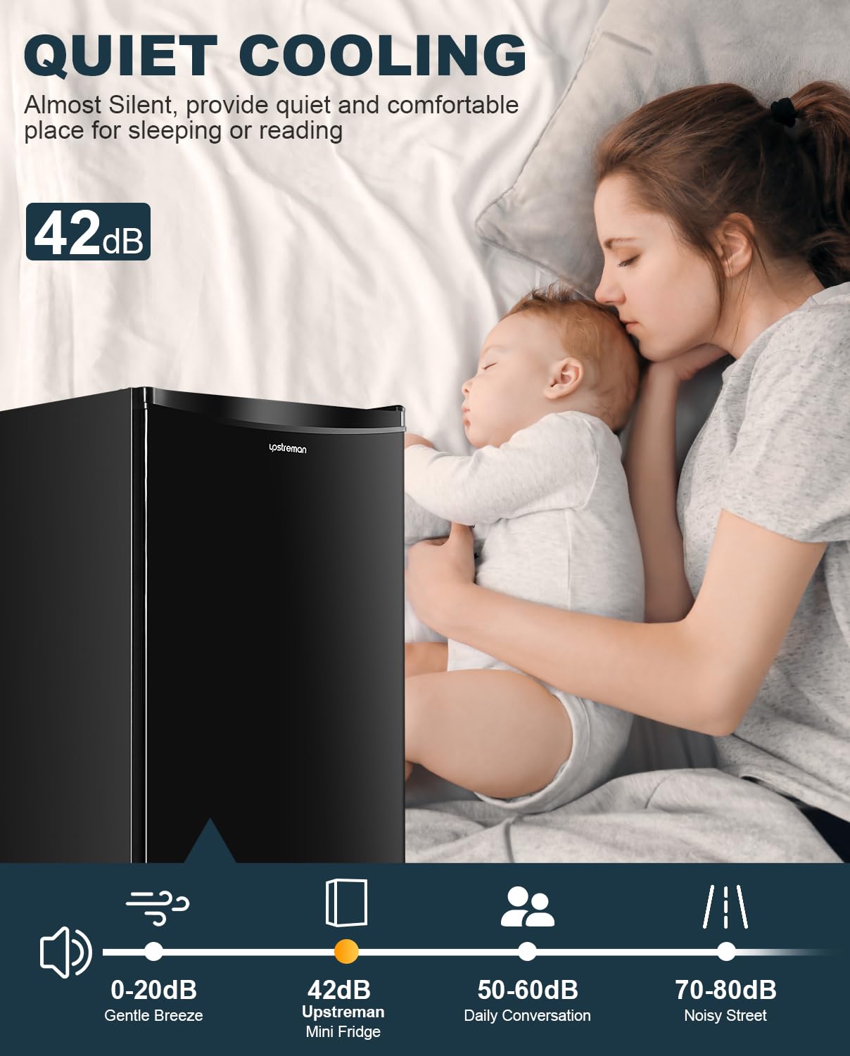 Upstreaman Under Counter Fridge, 91L Small Fridge Quiet for Bedroom and Dorms, Five Stage Temperature Control and Removable Shelves, Standard Refrigerator BR321 (Black) — view 5