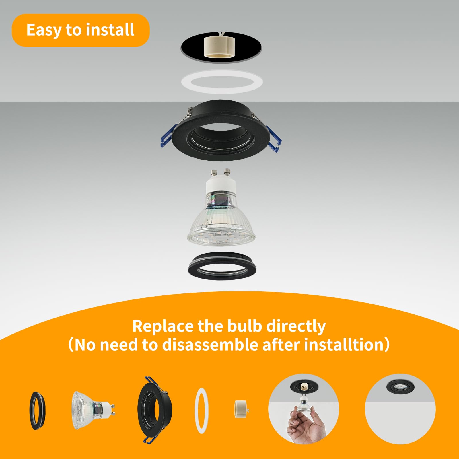 GeyouLux 4x wpuszczana lampa punktowa LED 230 V IP44 Rama z gniazdem GU10, czarne aluminiowe reflektory sufitowe z aluminium, okrągłe płaskie reflektory łazienkowe rama montażowa 68 mm na zewnątrz -