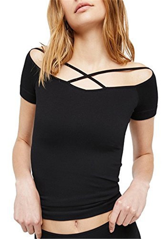 Womens Fashion Sexy Solid Split Strap Cold Shoulder T Shirt Top