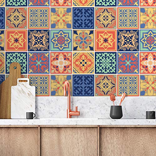 Walplus Carrelage Autocollant Multicolore, 24 Pièces 15x15cm, Crédence Adhésive Cuisine Salle de Bains, Papier Adhésif en PVC Cover