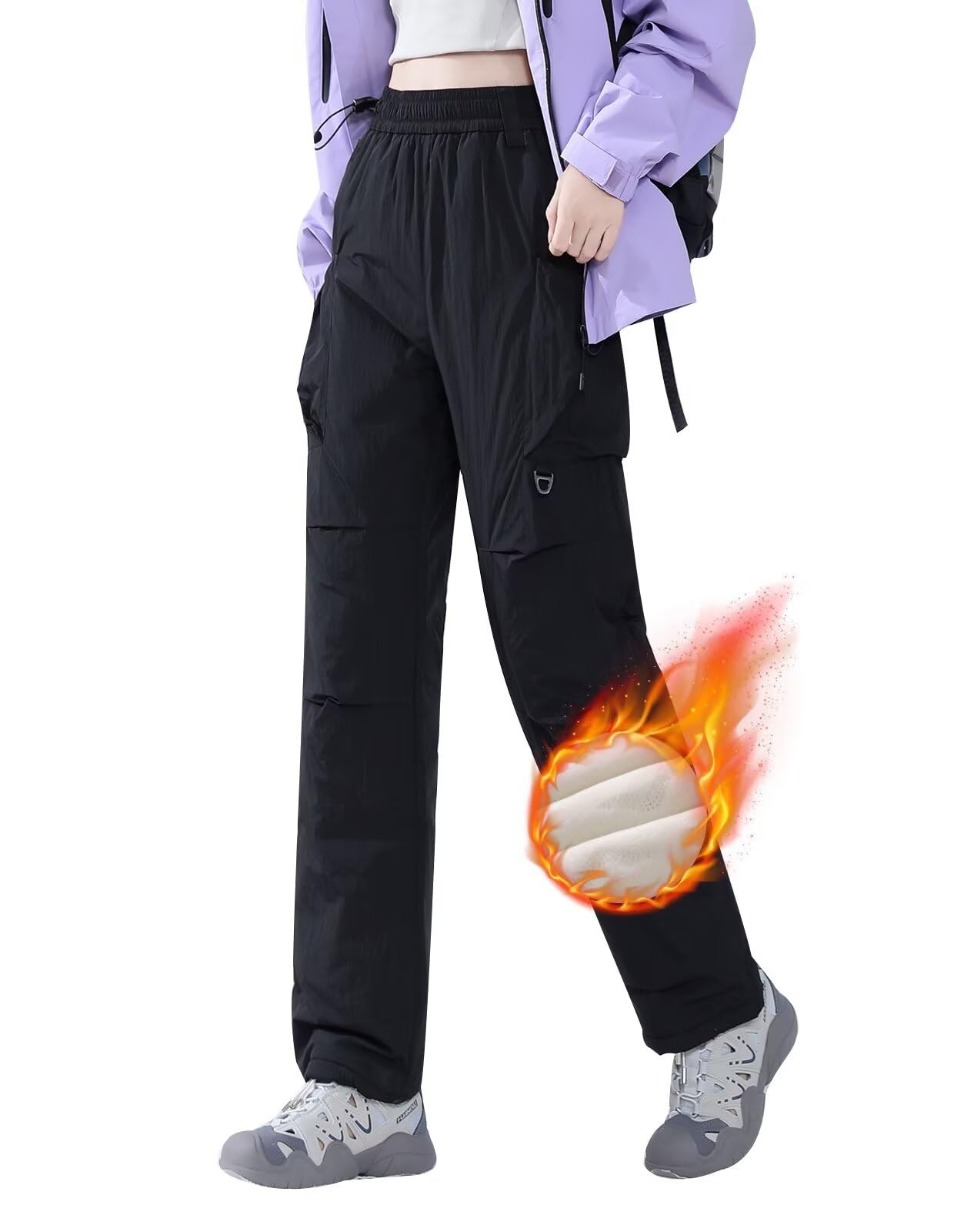 Anyanmoutn Women's Hiking Cargo Pants, Waterproof Fleece Lined Softshell Pants, Winter Outdoor Warm Snow Pants Black