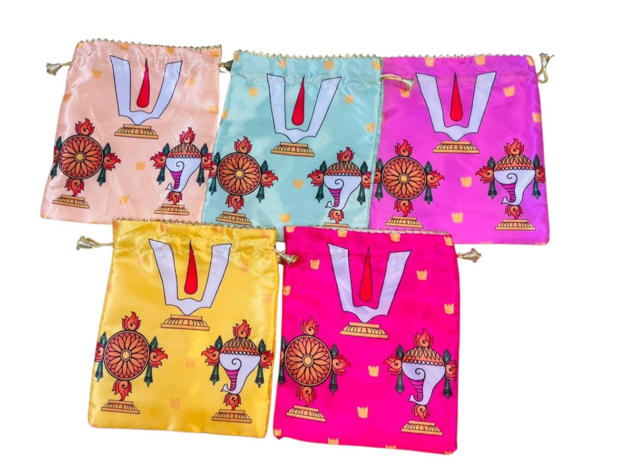 Shanku Chakra Namam Printed Potli Bags, Multicolor Satin Pooja Gift Covers, 9x10 Inch, Set of 5, Temple and Festive Return Gifts-image-33