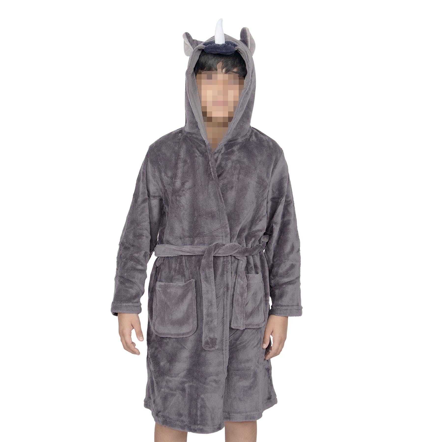 A2Z 4 Kids Accappatoi per ragazze e ragazzi alla moda con viso di rinoceronte, in morbido pile felpato, camicia da notte per bambini, con cappuccio, accappatoio con cappuccio, unisex, 3-14 anni