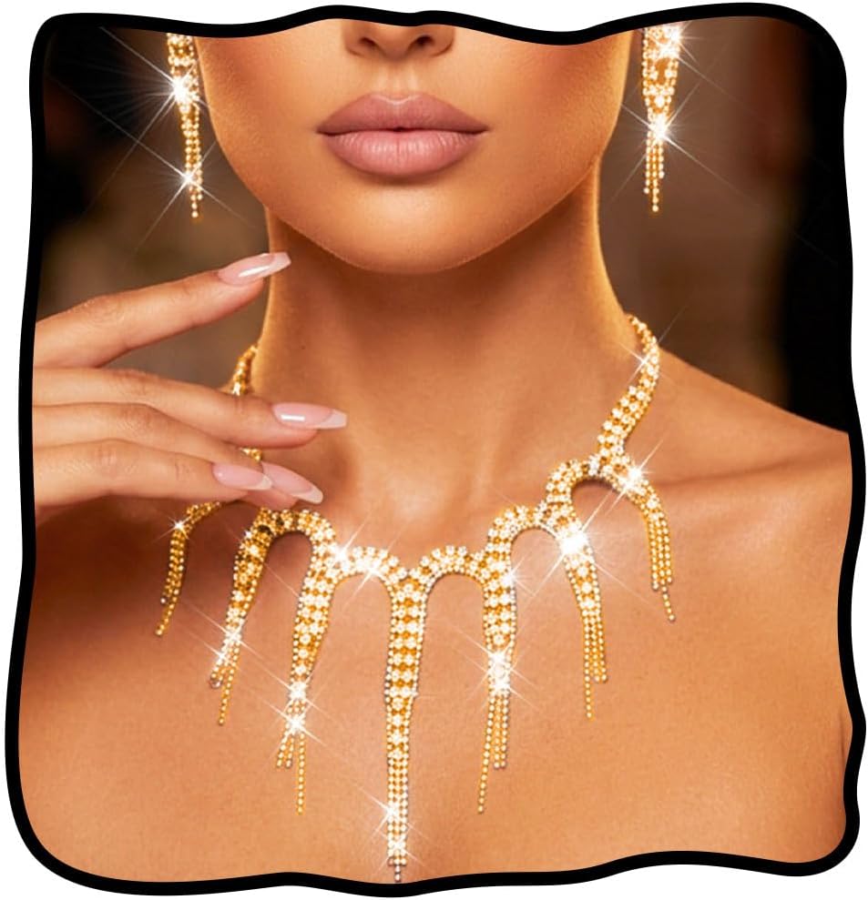 Nicute Rhinestone Necklace Earrings Set Crystal Sparkly Necklaces for Prom Bridal Wedding Jewelry Sets