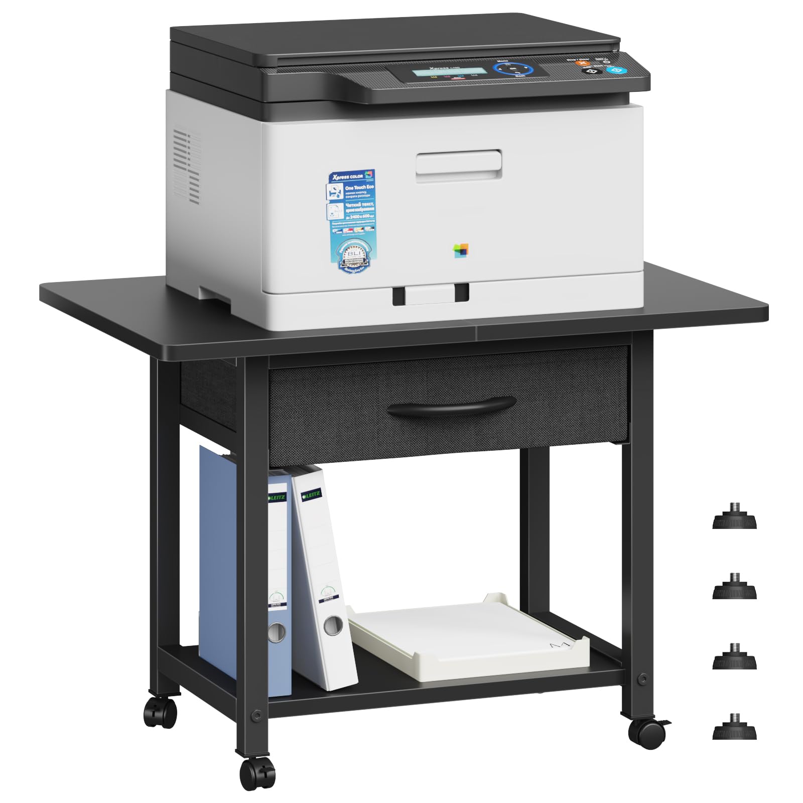PUNCIA 3-laags laserprinterstandaard met opslag, 50 x 50 x 57,5 cm, grote printertafel op wielen onder bureau, opbergwagen, zware rolwagen, beweegbaar rek, faxscannerplank voor thuiskantoor (retro