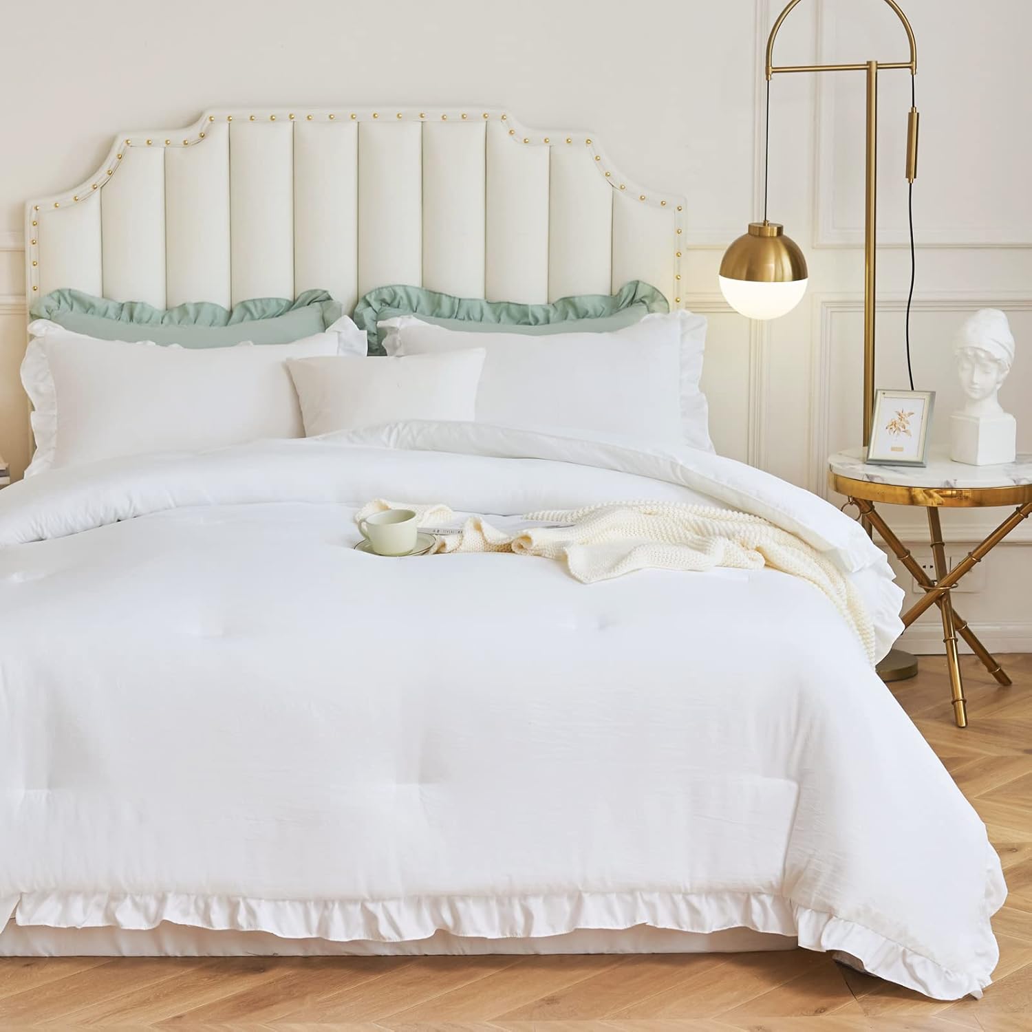 AIKASY White Ruffle Comforter Twin, 3 Pieces Vintage Ruffle