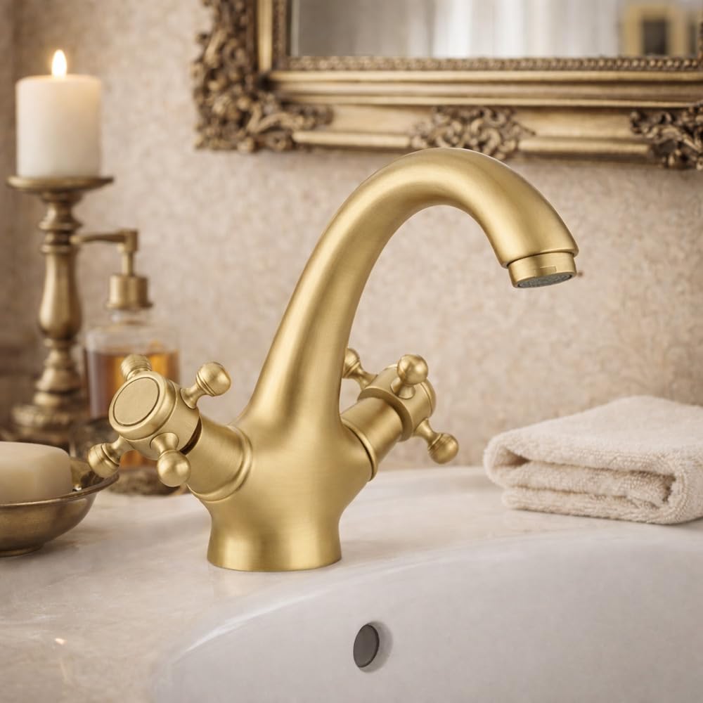 VALAZ Grifo de lavabo retro dorado envejecido diseño vintage bimando serie Adaja