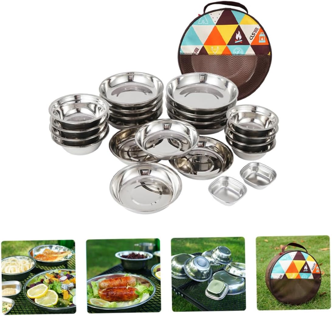 Wakauto Portable Outdoor Dining Stainless Steel Camping Tableware Picnic Plates Bowls Corrosion-Resistant Lightweight for Hiking BBQ and Family Trips
