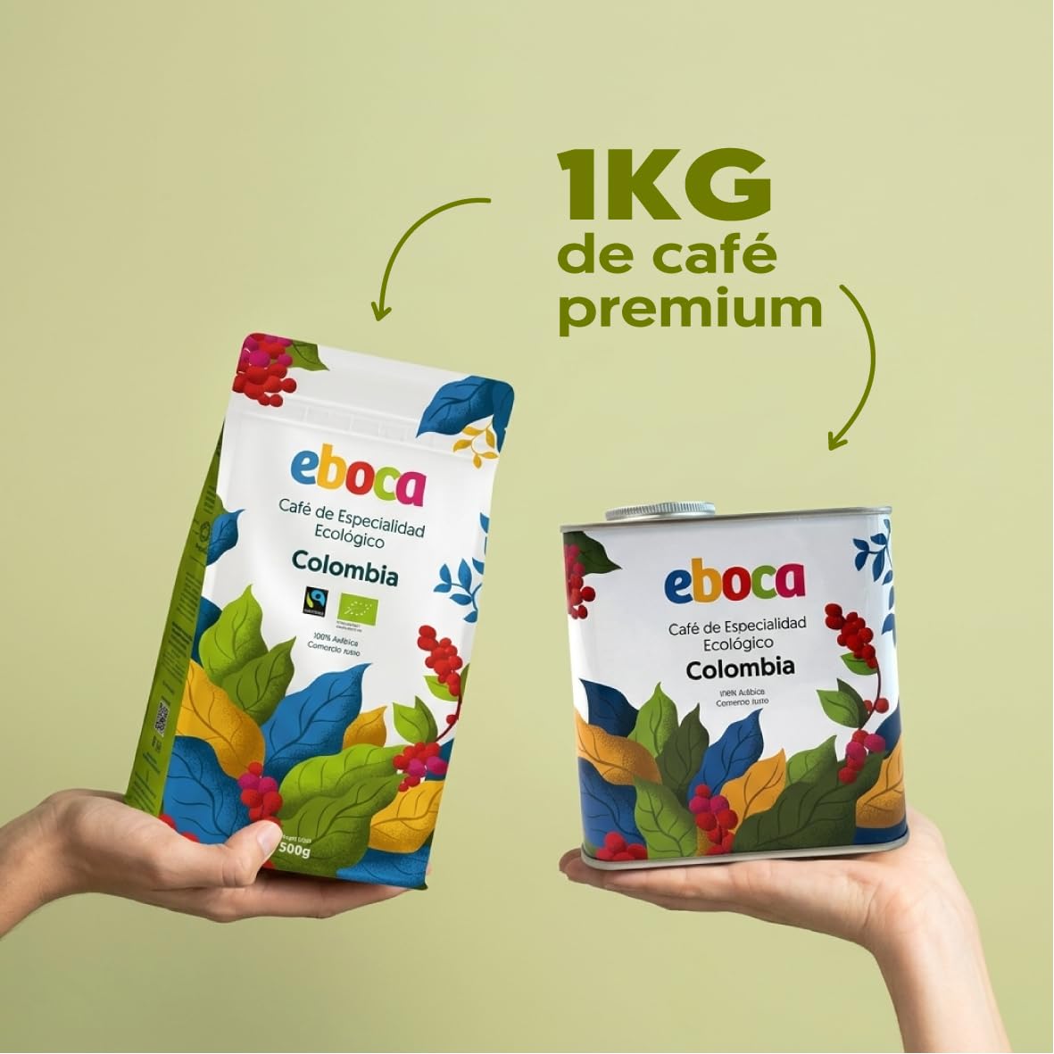 EBOCA Café en Grano Ecológico 1kg (2x500g) – 100% Arábica de Especialidad, Origen Colombia, Comercio Justo (Fairtrade), Tostado Artesanal en Huesca, Tueste Medio para Espresso y Filtro