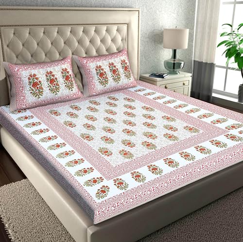 Image of RajasthaniKart Pure Cotton 144 TC Printed Double /Queen Bed Elastic Fitted Bedsheet with 2 Pillow Covers - All Around Elastic | 60 inchx78 inch, Fits Up to 8 inch Mattress | Jaipuri Print, 5293