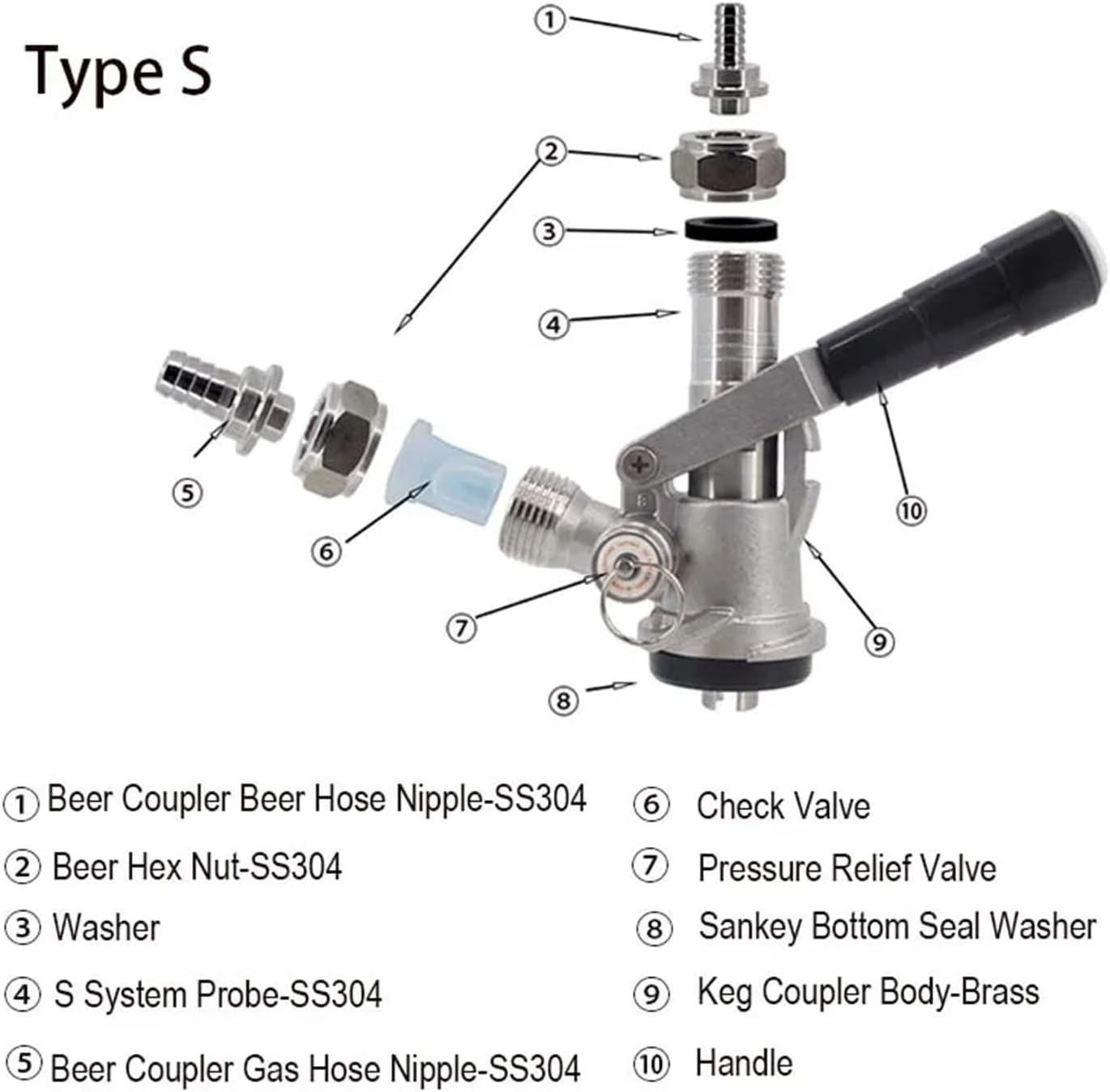 Brewing accessories Commercial Keg Coupler With PRV Type S/D/A/G 304 Stainless Steel Probe Nickel Plated Brass Boby Brewing accessories(G)