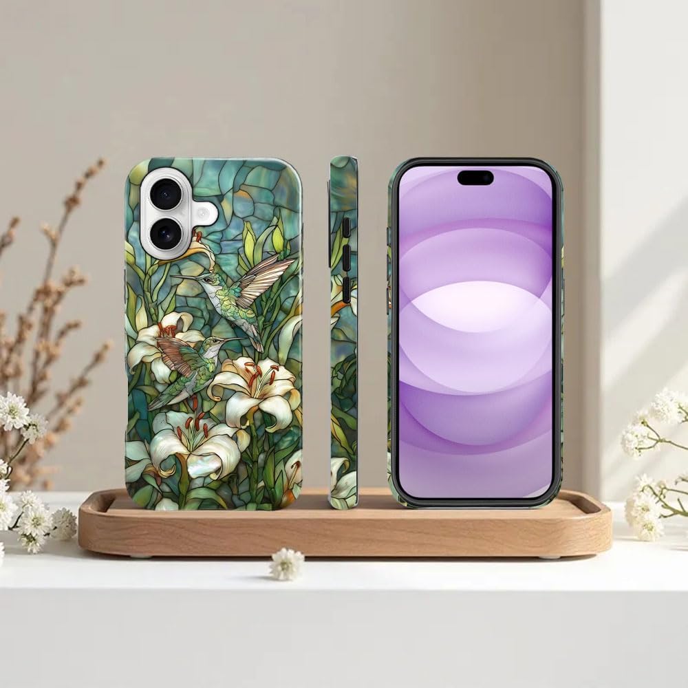 Case for iPhone 17,Stained Glass Hummingbird Lily Phone Case Military-Grade Drop Protection Cover for Women Girl - Glossy image 5