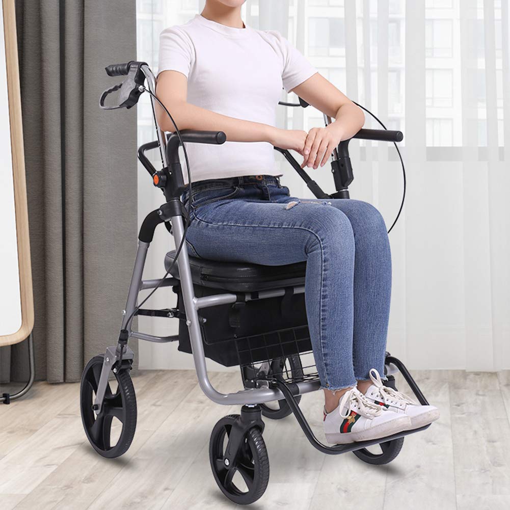 Andador con Ruedas Plegable Ligero con Asiento y Respaldo Acolchados, Cesta Debajo del Asiento Silla de Transporte de 4 Ruedas (1 Pieza) Interesting