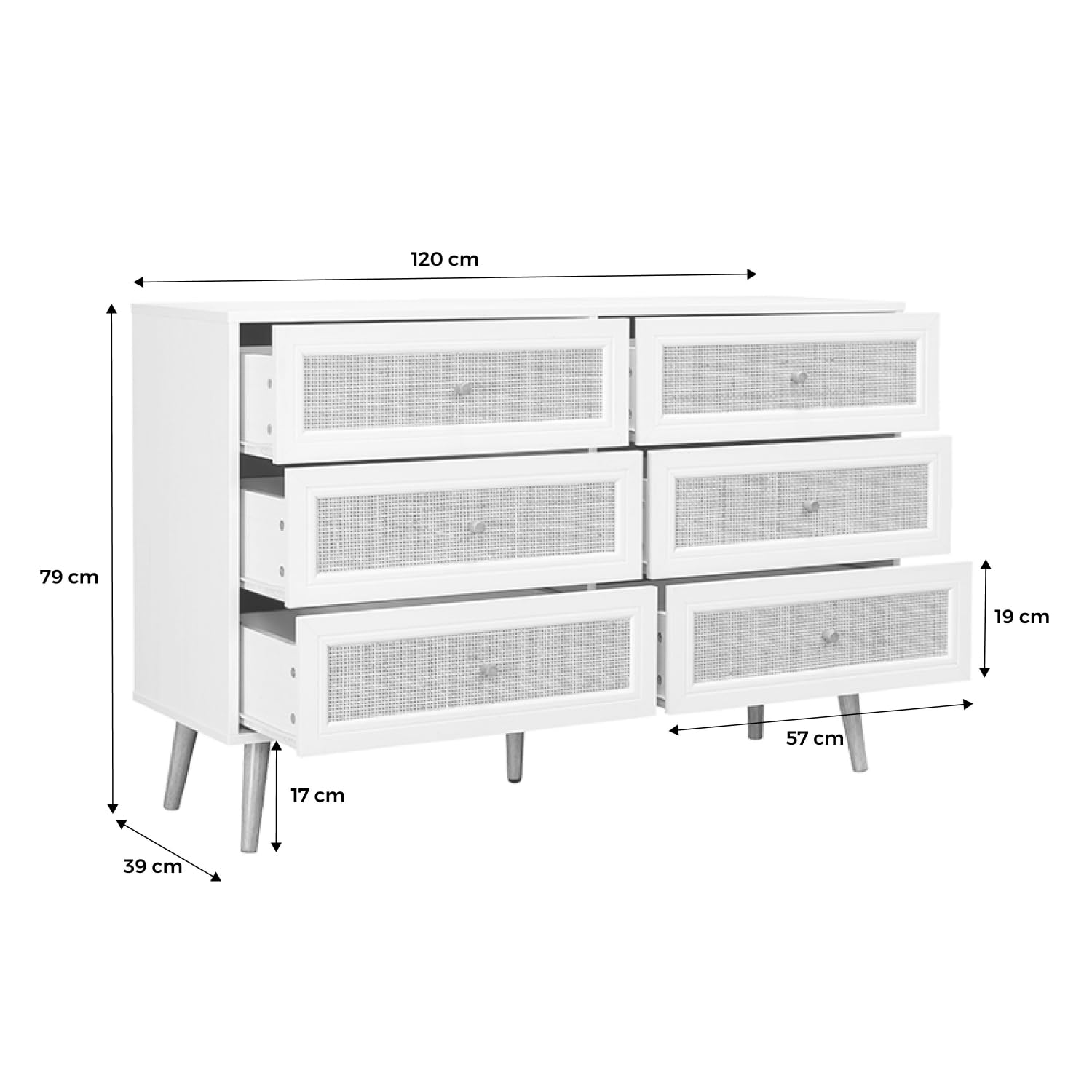 sweeek - Commode décor Bois et cannage 6 tiroirs Bohème. Blanc - 120x39x79cm