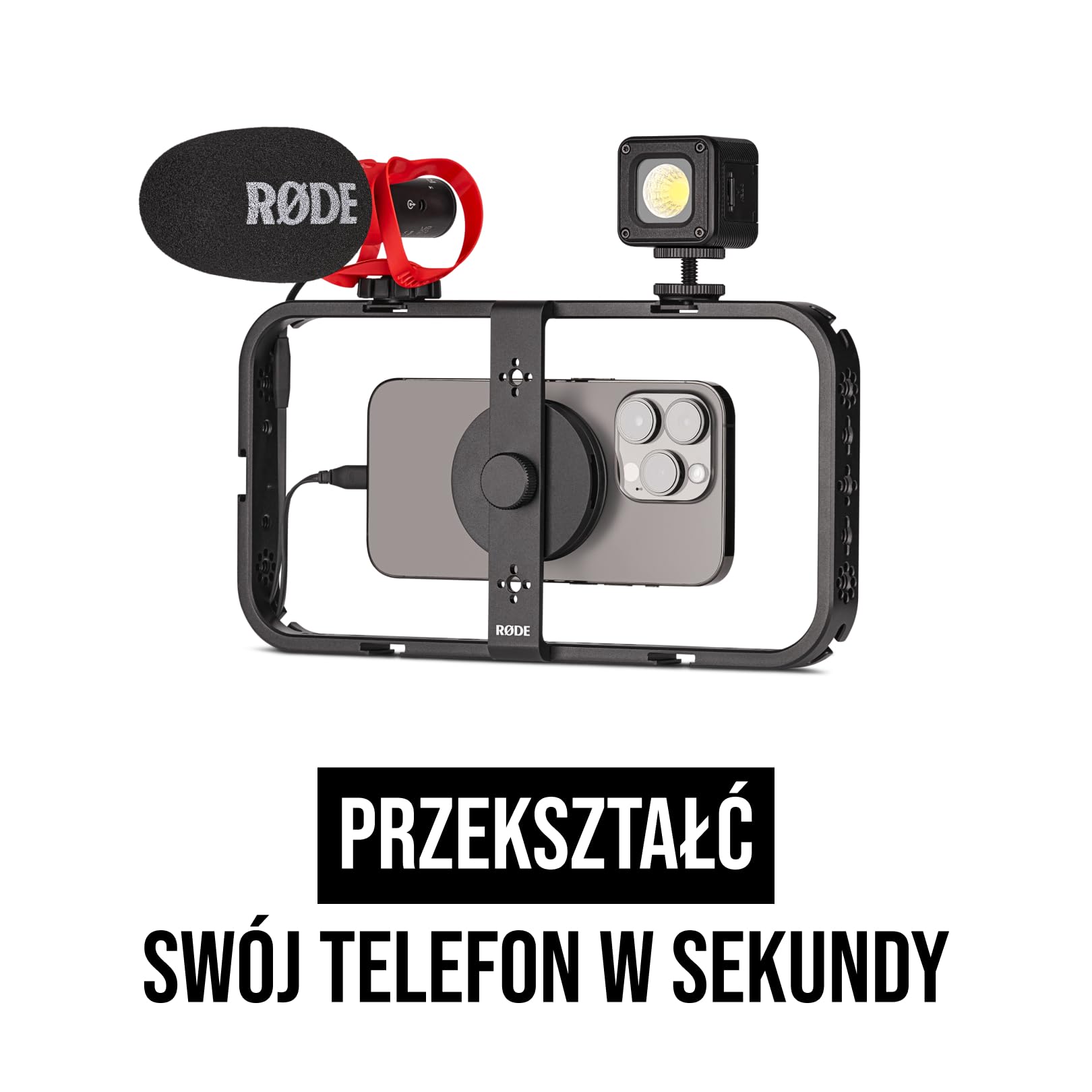 RØDE Phone Cage - Klatka do telefonu RØDE Phone Cage do filmowania mobilnego z magnesem, gwintami 1/4 cala i 3/8 cala oraz slotami do mocowania cold shoe (kompatybilna z MagSafe).