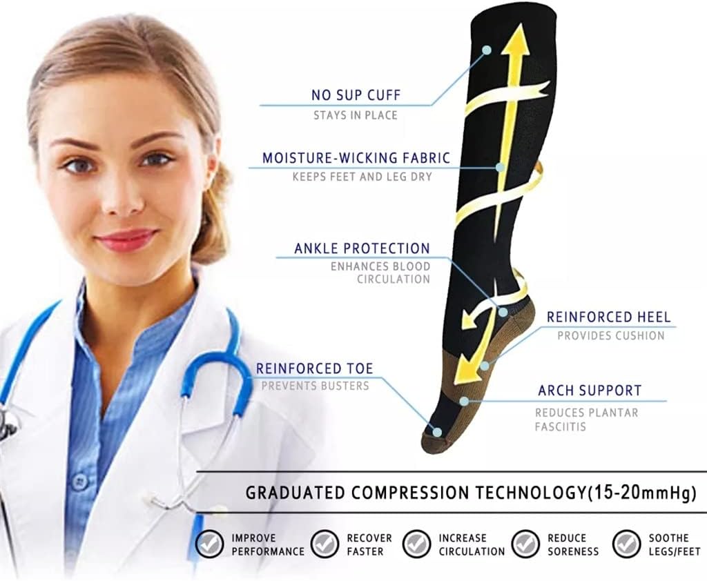 Unisex Copper Compression Socks Women Men 15-20 MmHg Graduated Knee High Stockings 1 Pair