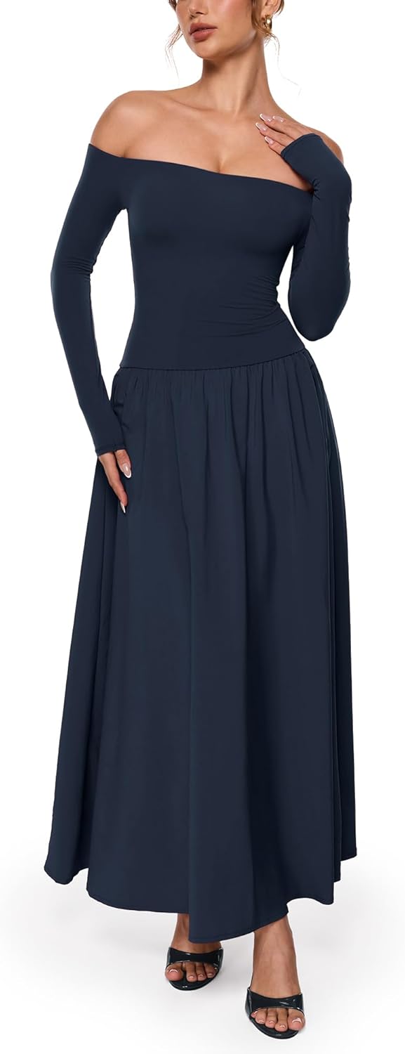 INLYRIC Women's Off The Shoulder Long Sleeve Maxi Dresses Elegant Formal Wedding Guest Cocktail Long Dresses