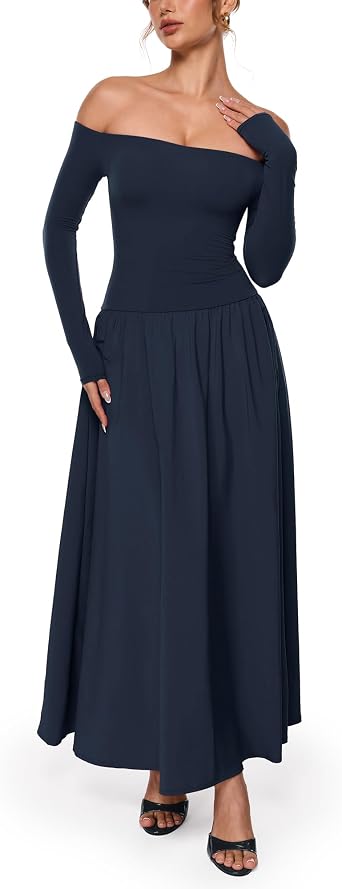 INLYRIC Womens Off The Shoulder Long Sleeve Maxi Dresses Elegant Formal Wedding Guest Cocktail Long Dresses