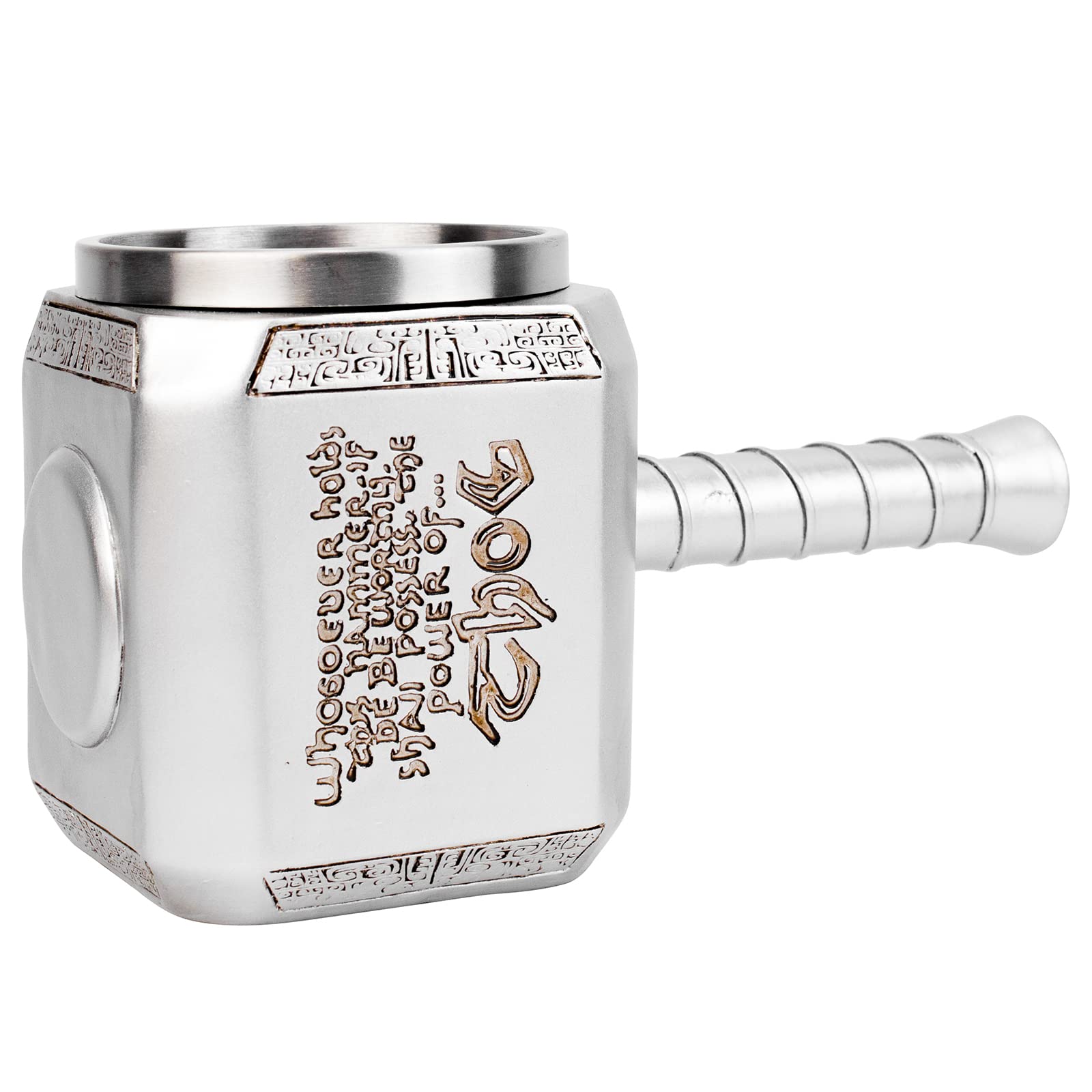 Młot Thora Kubek Tankard Styl skandynawski Dekoracje Stal nierdzewna Żywica Mitologia nordycka Mjolnir Kubek do piwa z korkociągiem Kubek do kawy na mleko 450 ml (srebrny)