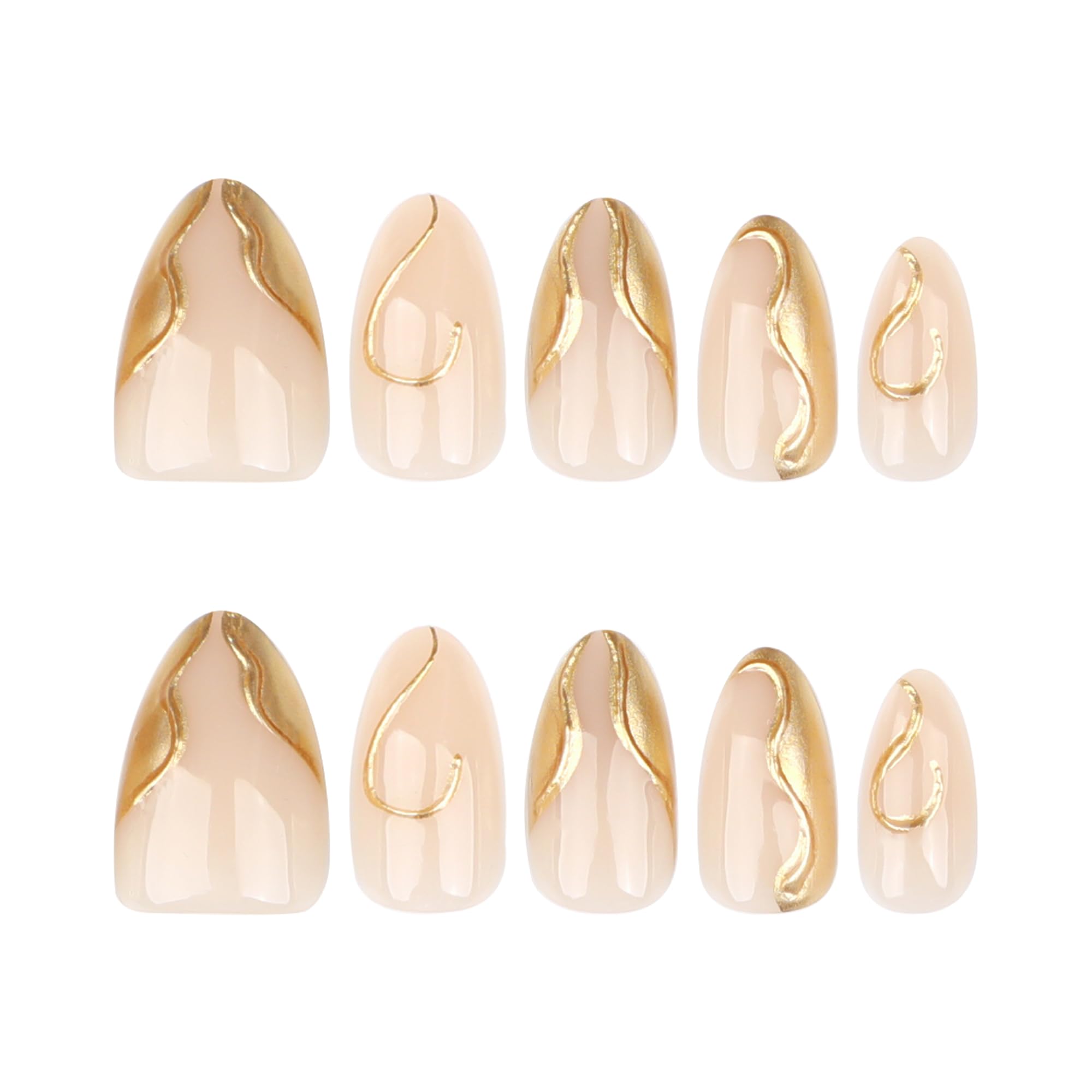 KaleidNail Nude Almond Press on Nails 24 PCS Glossy Gold False Nails Medium Length Fake Nails Full Cover Stick on Nails Art for Women and Girls Daily Decoration - Image 2