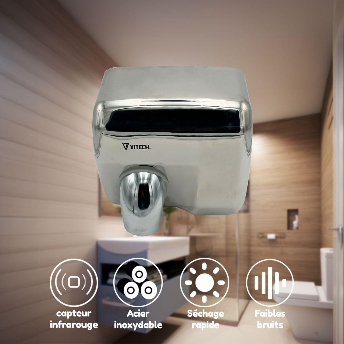 Sèche-Mains Professionnel Electrique Automatique INOX chromé a air pulsé 2300 W Anti vandalisme à tête orientable