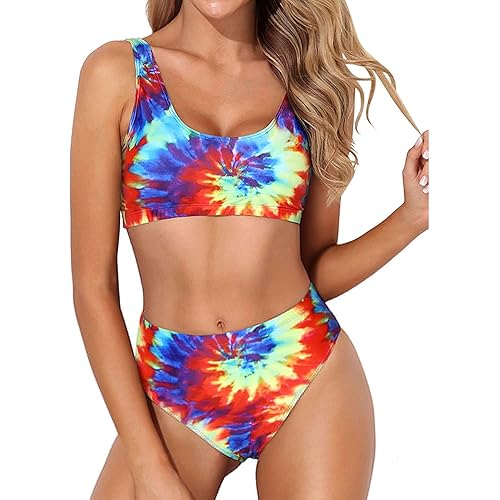 Tempt Me Women Two Piece Scoop Neck Bikini Crop Top High Cut Swimsuit Sporty High Waisted Bathing Suit with Bottoms