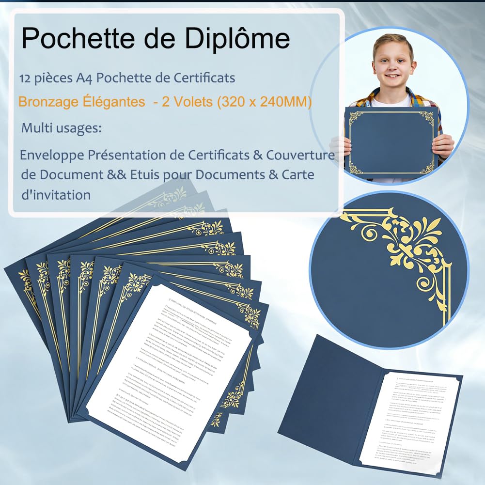 5 Pcs Couverture de Certificats Couverture de Protection Certificats Diplôme Porte-Certificats Etuis Housse en Carton Protège-Documents A4 Couvertures de Graduation Bleu