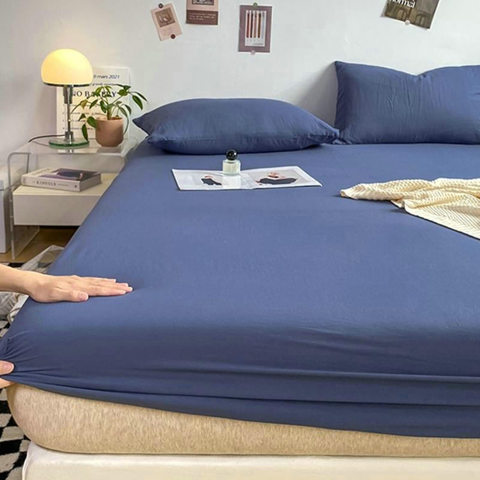 Juego de sábanas y fundas de almohada de 220 x 180 cm, fibra de bambú, color liso, azul marino