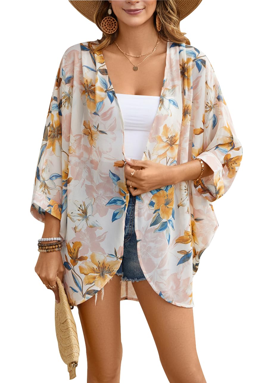 Women's Floral Print Sheer Chiffon Loose Kimono Cardigan Capes-image-46