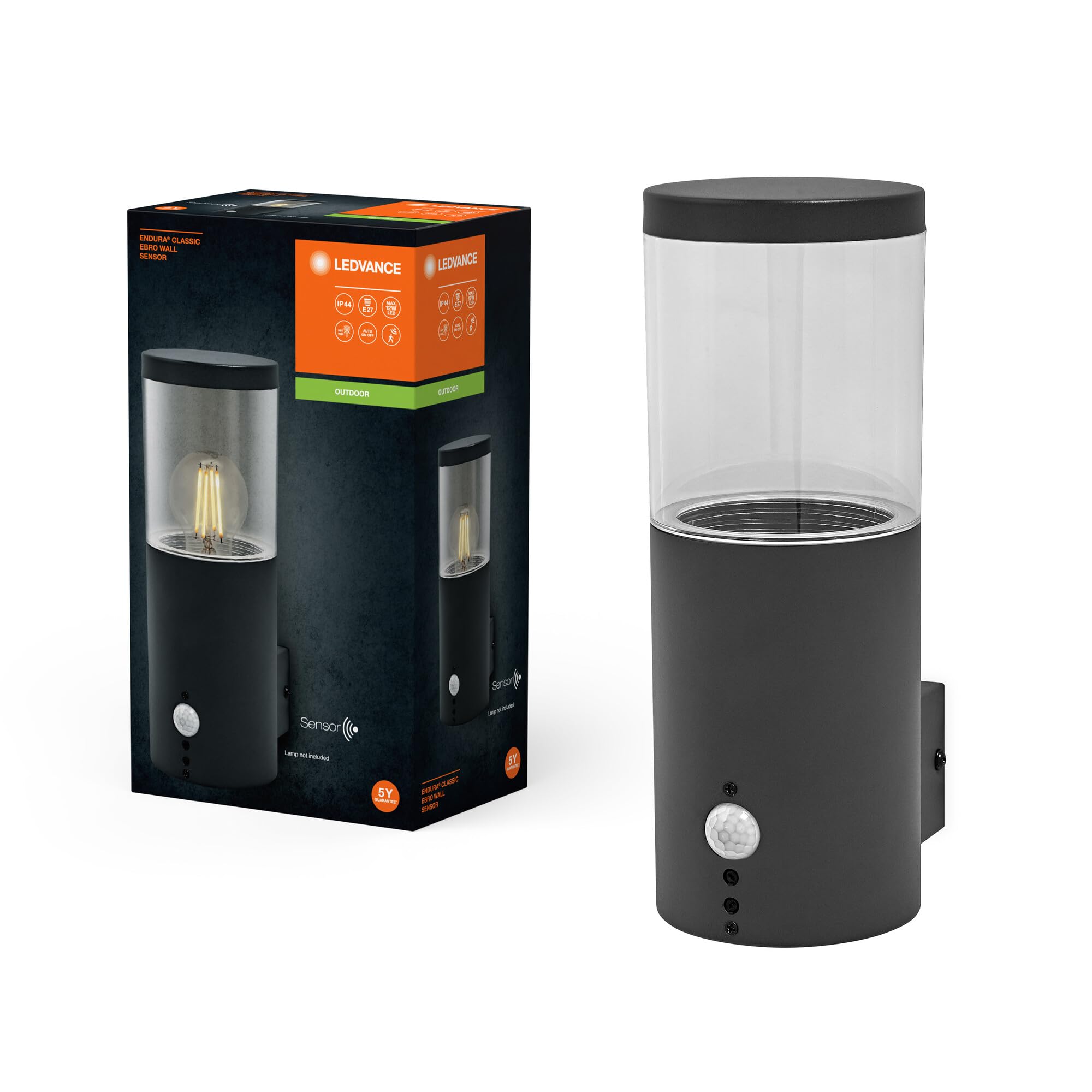 LEDVANCE Endura Classic EBRO Wall SEN Outdoor Light, Wall Light, Dark Gray, Stainless Steel, Quick & Easy Installation, IP44 Protection, Motion Sensor, Daylight Sensor, Stainless Steel
