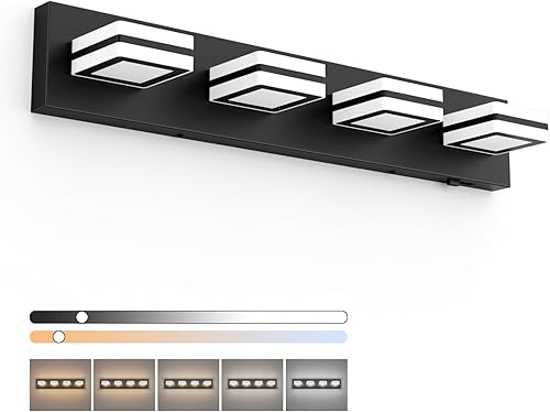 Ralbay - Luces de tocador de baño de 5 temperaturas de color ajustables, negras, 4 luces, acrílicas, modernas, LED, mate, accesorios de iluminación