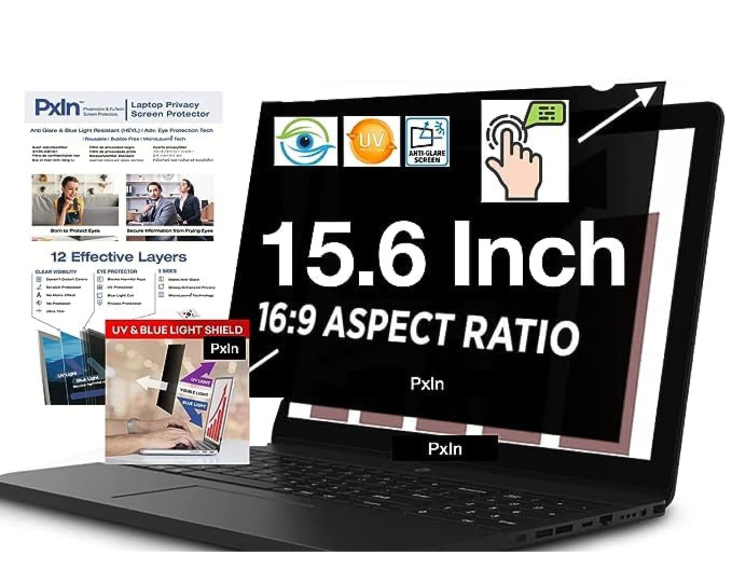 PxIn 15.6 Inch Privacy Screen Filter - NO Eye Strain | Anti-Blue Light + Anti-Glare | No Dry Eyes | Privacy Screen Protector | Touch Screen Enabled (B0CDXPQJ54) Amazon Price History, Amazon Price Tracker