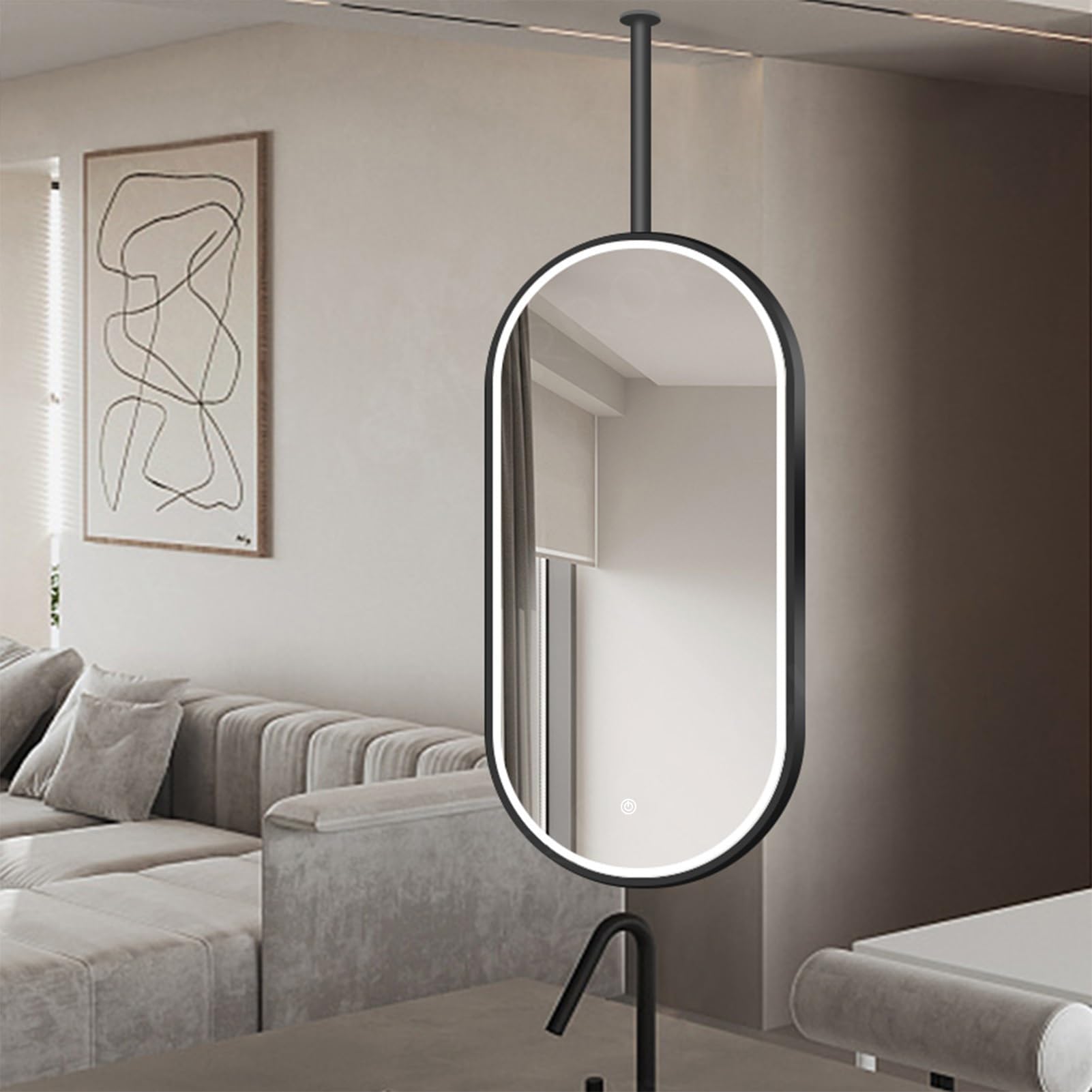 QICBYING Oval Hanging Rod Mirror - Ceiling-mounted Mirror With Light For Bathroom, Dimmable & 3 Color Lighting, For Bathroom/Bedroom/Cloakroom Wall Makeup Shaving Mirrors(80L x 40W cm)