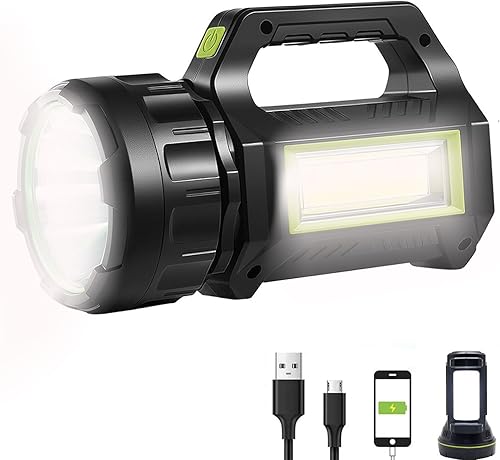 Linterna LED reflectora LED, recargable solar, súper brillante, 10000 lm, lámpara de trabajo multifuncional, 7 modos de luz, IPX4 impermeable, para