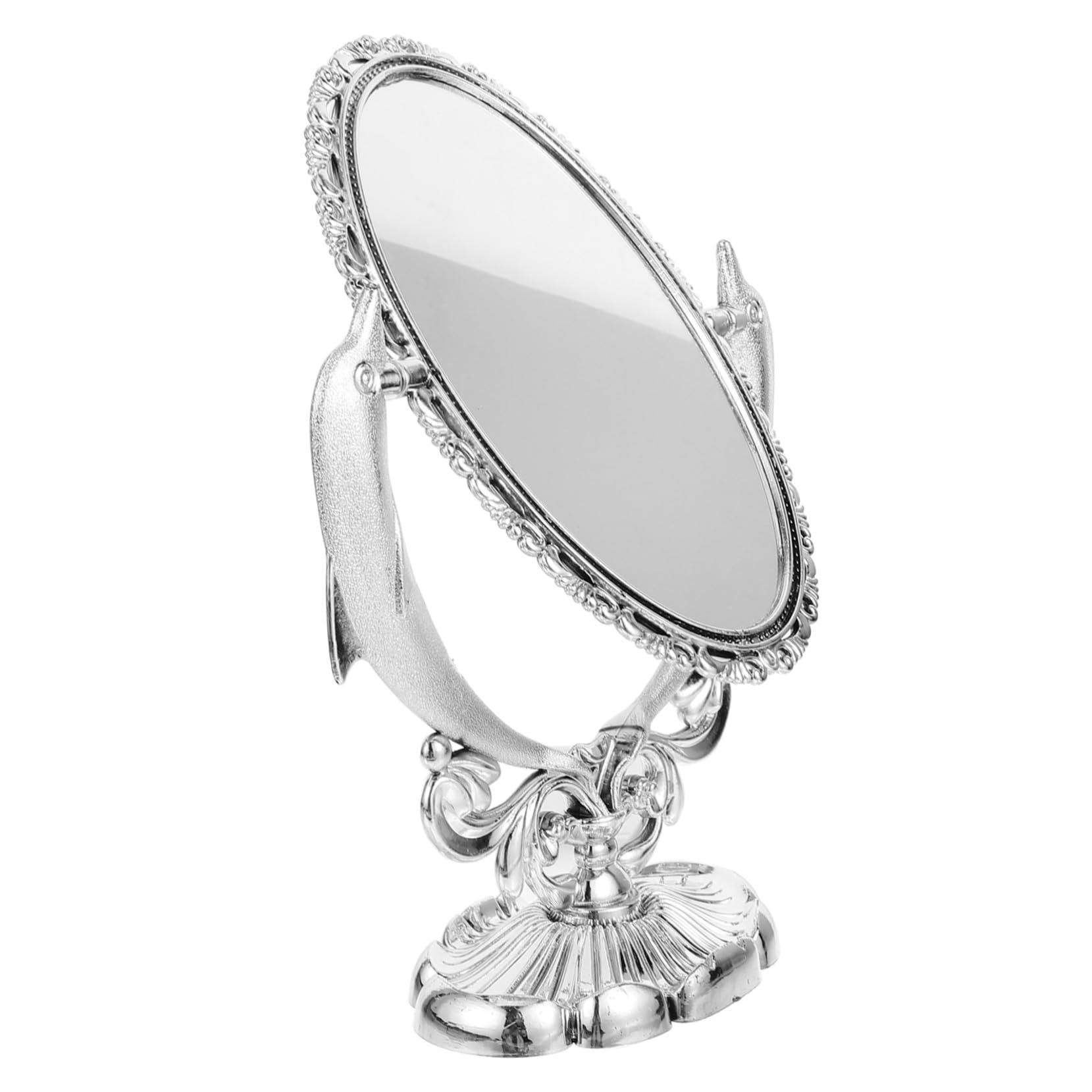 Miroir de maquillage pivotant double-face sur pied avec décor dauphin pour bureau