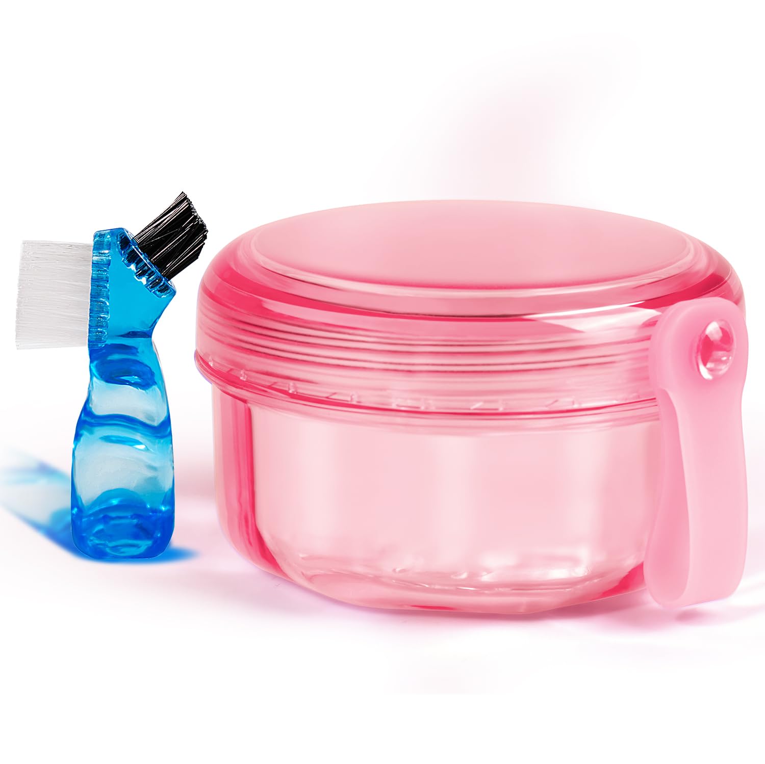 No Leak & Non-Slip Partial Denture Case Retainer Bath Box Cup, Denture Soaking Cup False Teeth Holder Box Case with Strainer Basket and Brush,Dishwasher safe - Transparent Pink