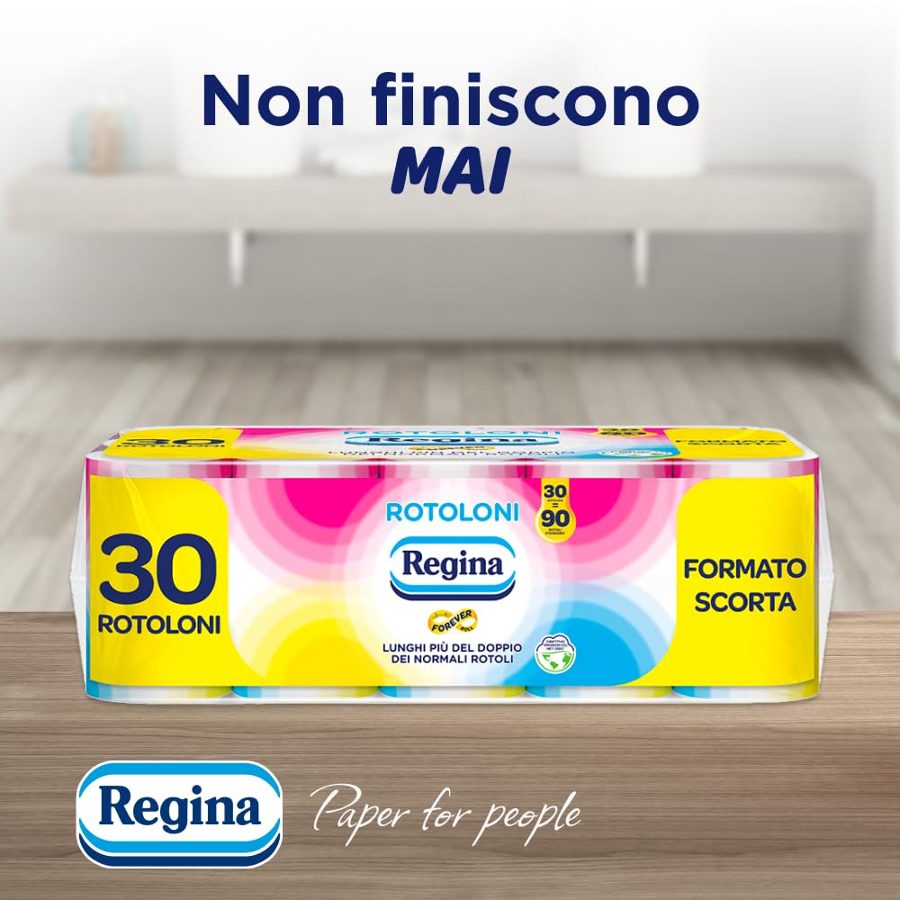 Regina Rotoloni - 30 Maxi Rotoli di Carta Igienica, 500 Fogli a 2 Veli, Lunghi Più del Doppio dei Normali Rotoli, Confezione 50% in Plastica Riciclata, Carta 100% Certificata FSC