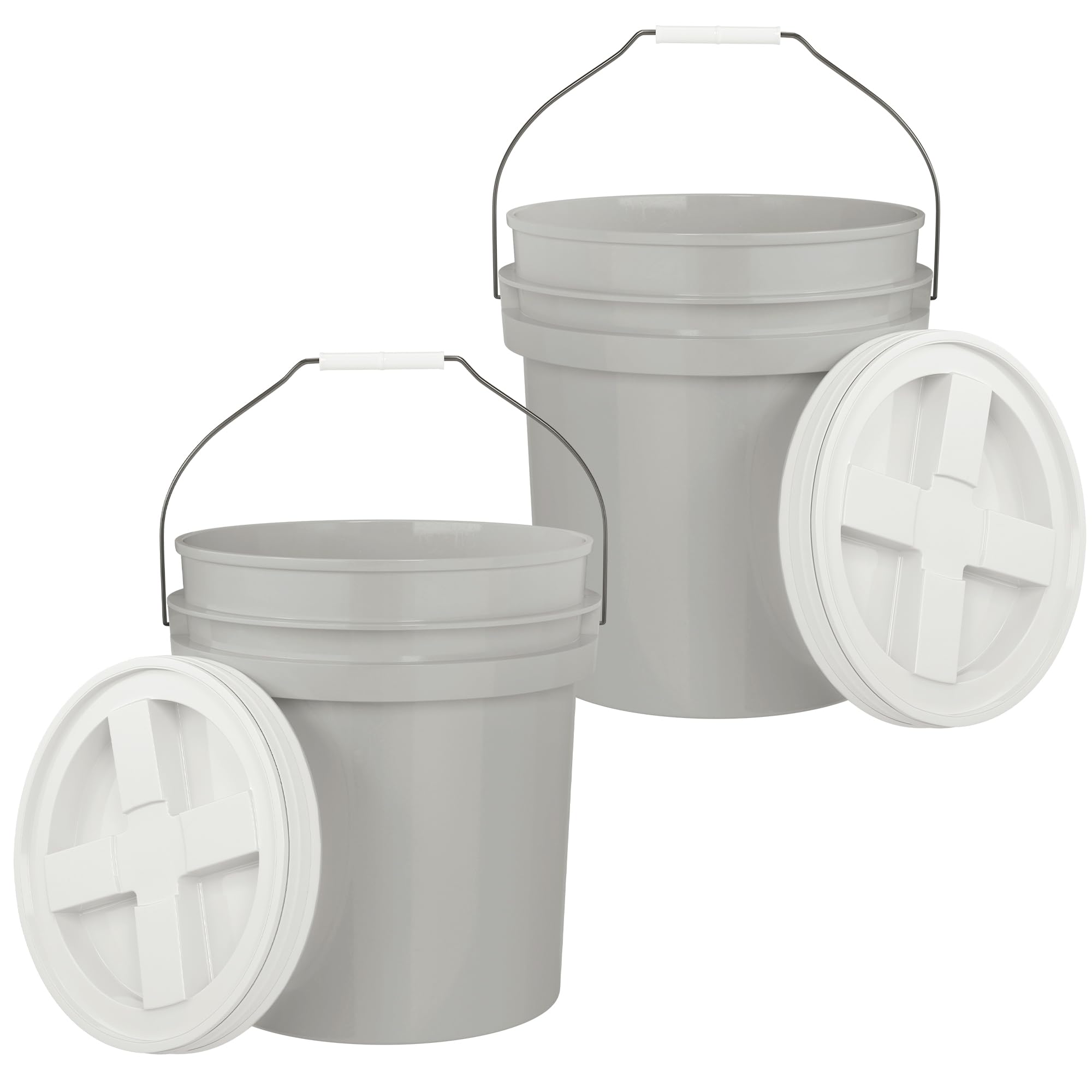 5-Gallon Grey Bucket Pail with Gamma Seal Screw on Airtight Lid, Metal Handles with Plastic Grip for Easy Carrying, Easy Stack and Store, Heavy-Duty 90MIL Extra Durable, Food Grade, BPA Free - 2 Pack