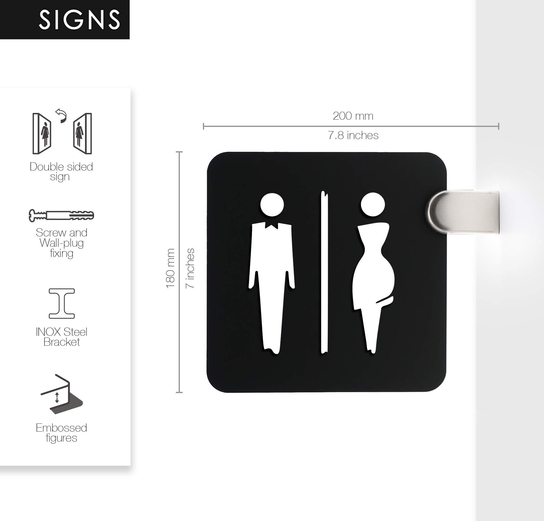 Signs – Señal de doble cara con bandera negra – baño para mujer, restroom, aseo, inodoro, etc. – Señal para pasillo y ambientes. – Elegant negro – Hombre/Mujer