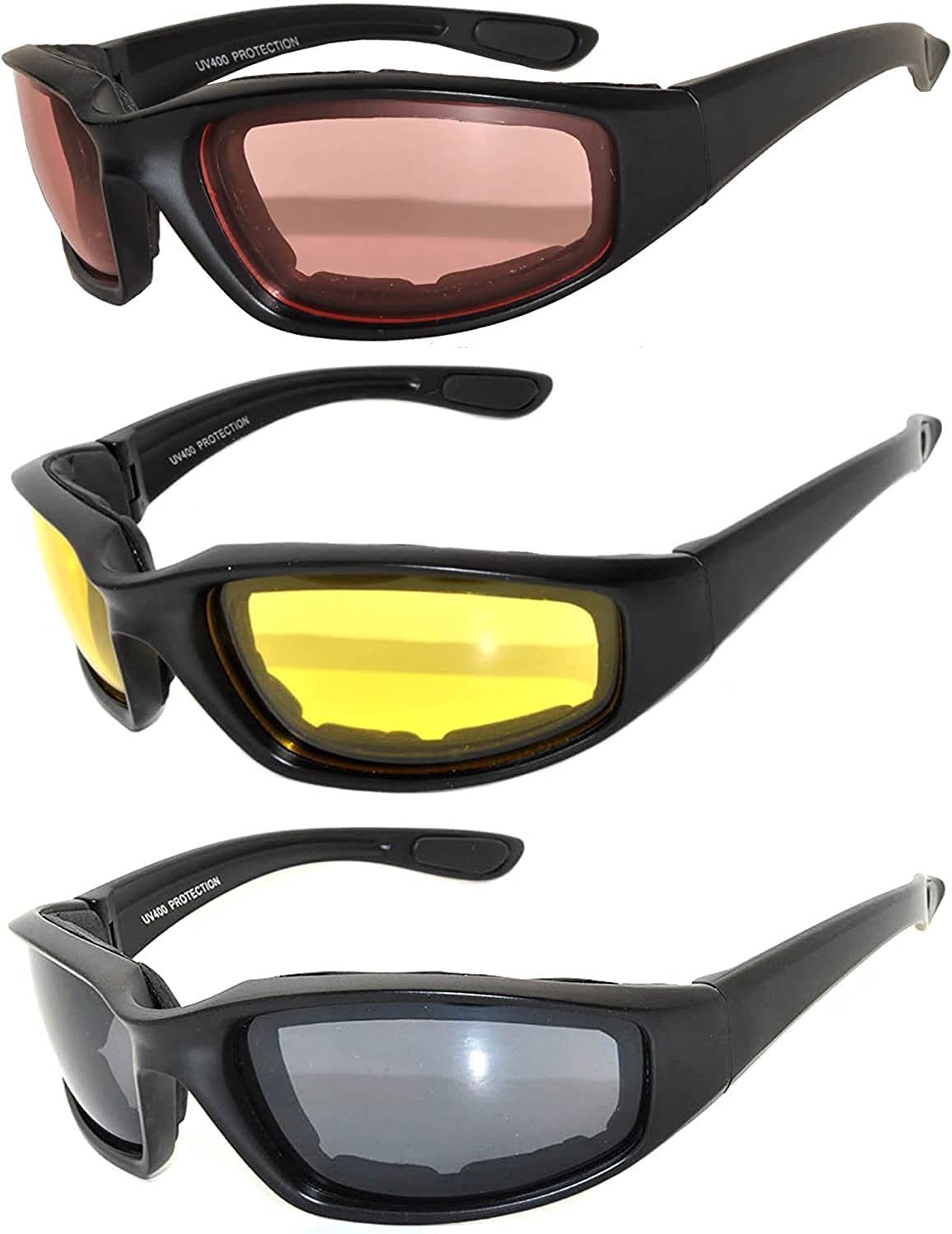 OWL 3 Pack Motorcycle Riding Glasses, Padded Sport Sunglasses, Assorted Colors for Men and Women