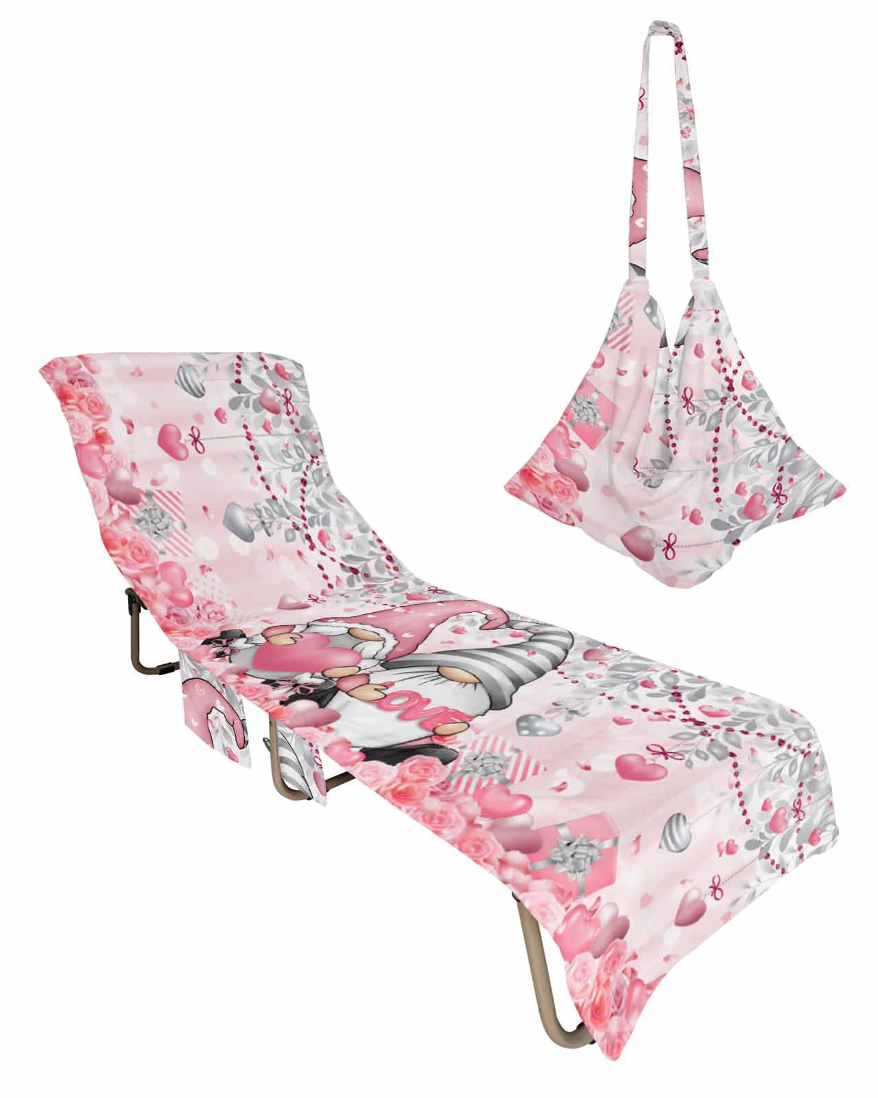 Pink Grey Gnomes Valentine Beach Lounge Chair Towel Cover, Soft Chaise Lounge Towel with Side Pockets Patio Pool Chairs Cover for Beach/Pool Sunbathing 29x85 Love Heart Spring Floral