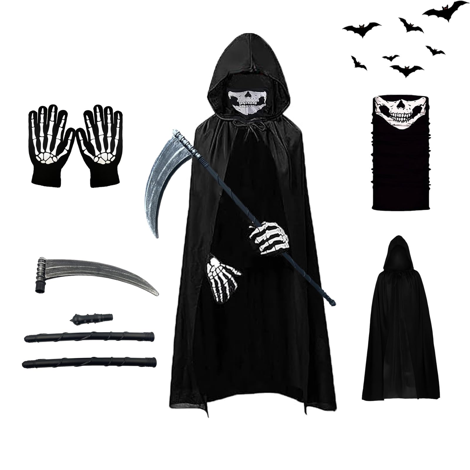 AOMAIGAD Halloween Disfraz de Parca, Disfraz de Parca, Disfraz de Grim Reaper con Sombrero, Guantes, Hoz, Disfraz de Muerte,para Halloween Fiesta Carnival Costume Cosplay