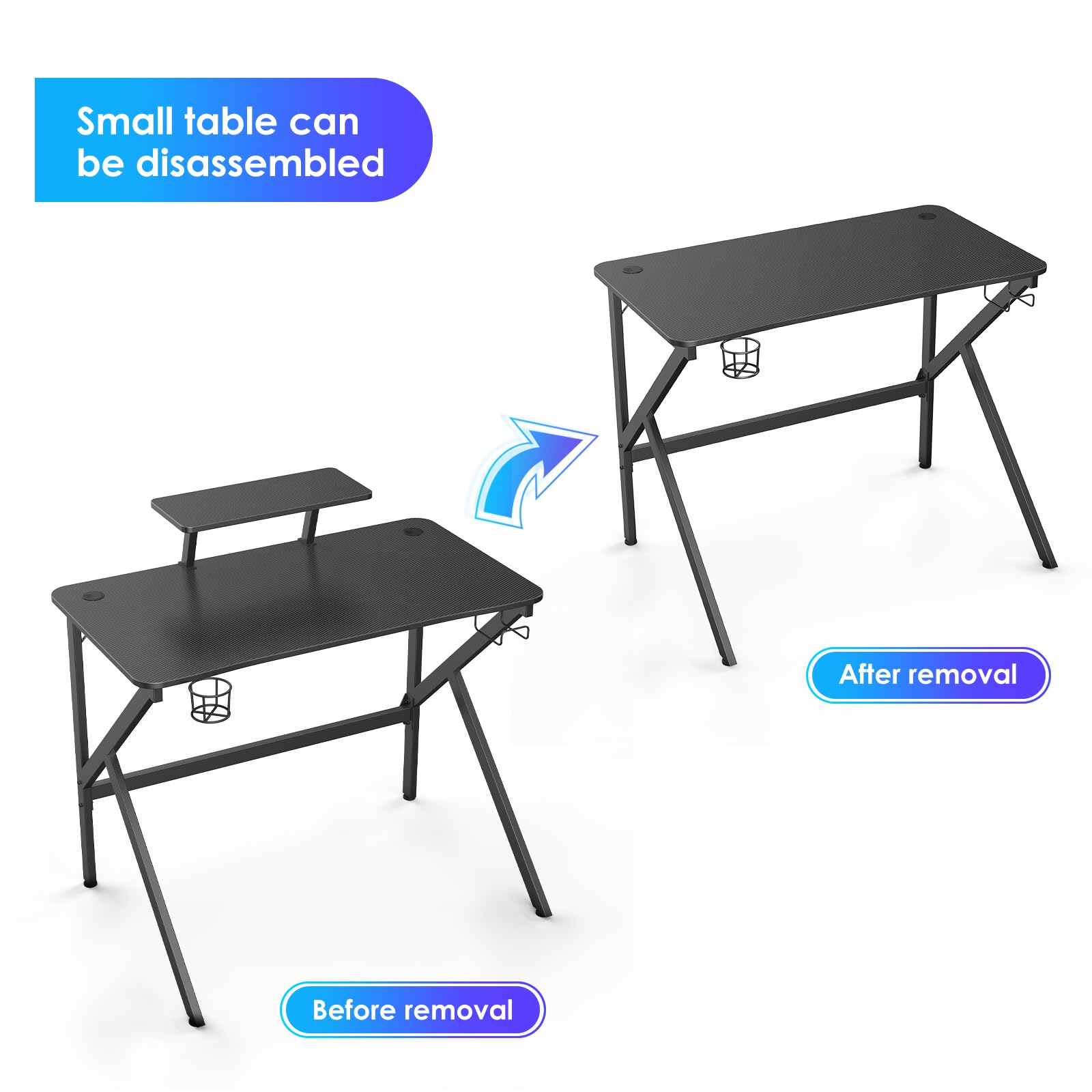 Scrivania Gaming Regolabile, Tavolo Gaming 100x55, Postazione Gaming con Piano del Tavolo in Fibra di Carbonio, tavolo gaming a forma di k con porta tazza, gancio per cuffie, ergonomico